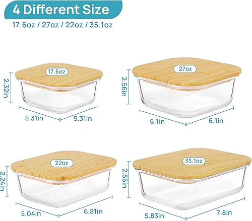 Miniatura 6 de Vtopmart Recipientes de vidrio para almacenamiento de alimentos con tapas de bambú, paquete de 4 recipientes de vidrio para preparación de comidas,