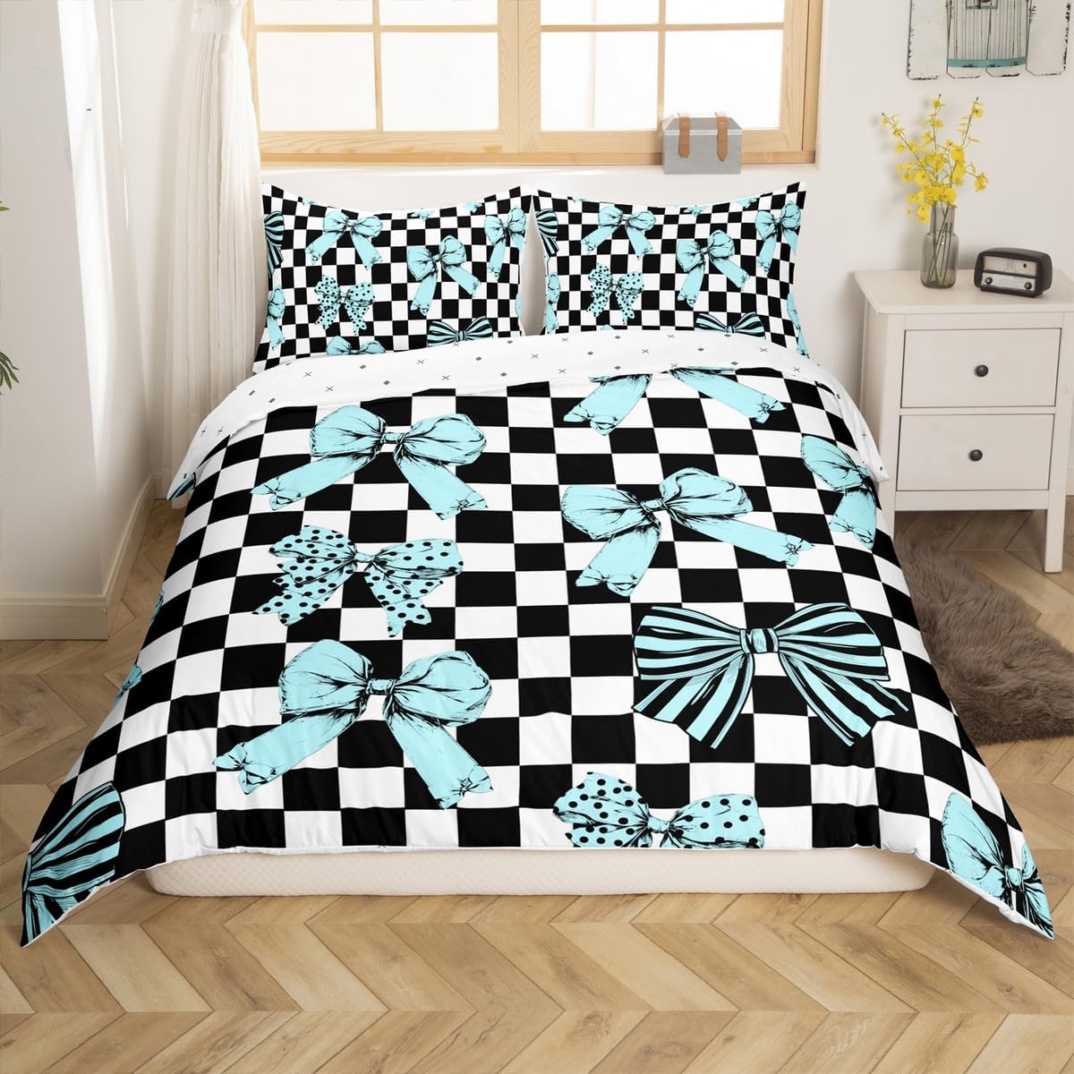 jejeloiu Blue Bow Duvet Cover Black White Plaid Print Bedding Set for Kids Boys Girls Cute Bowknot Comforter Cover Princess Style Bedspread Cover Bedroom Collection 2Pcs Toddler Size,No Comforter