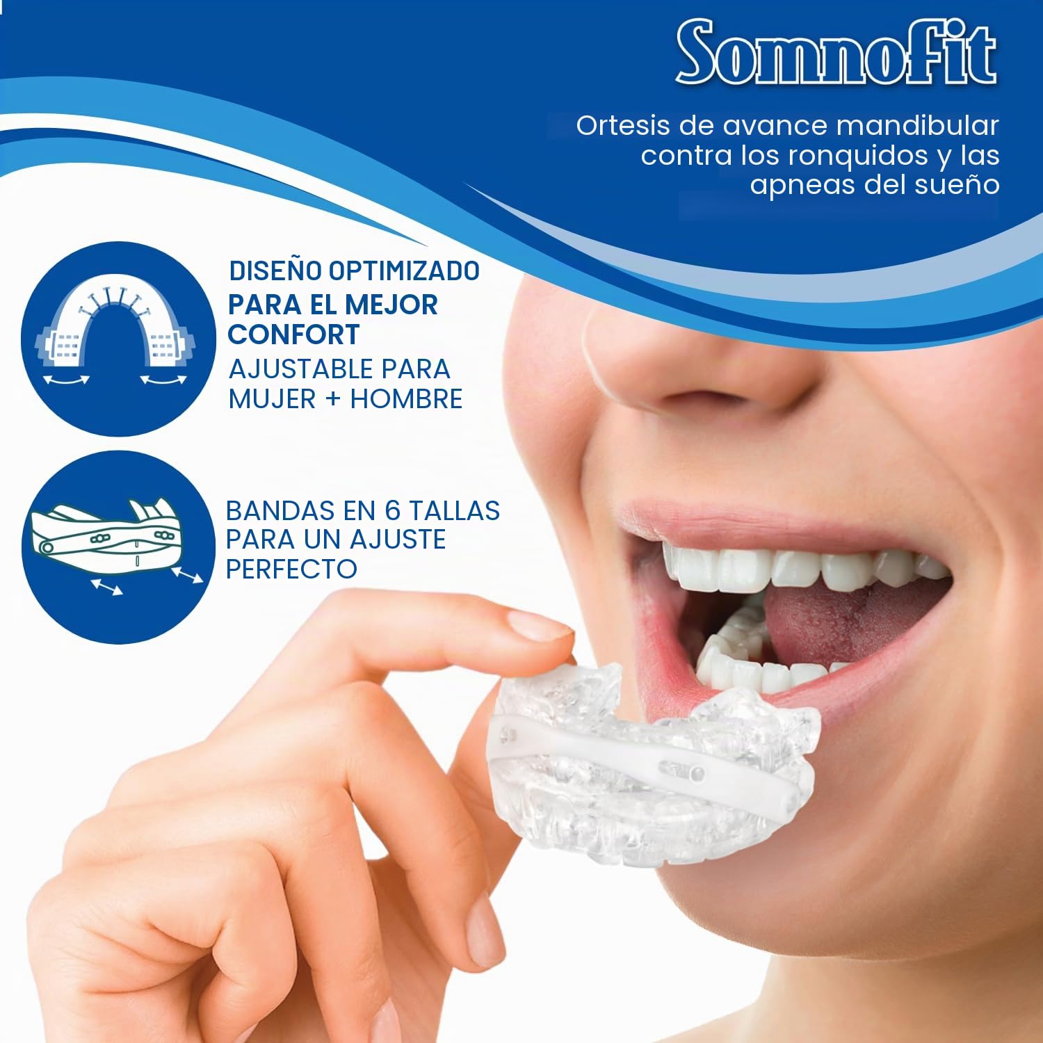 Somnofit – Ortesis antironquidos y apnea – Canal dental flexible y termoformable – Diseño patentado, gran comodidad – Ortesis mandibular fabricada en Suiza