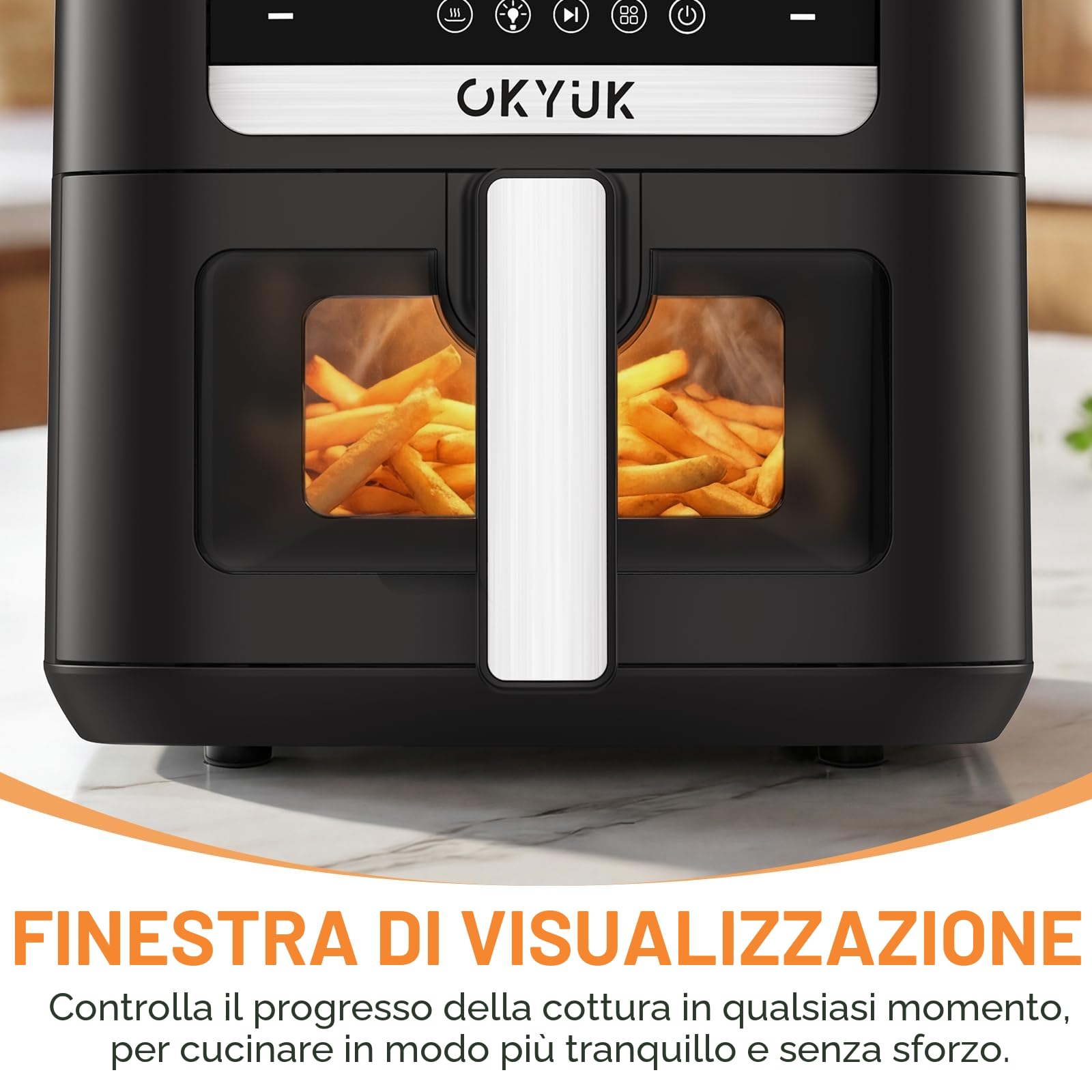 OKYUK Friggitrice ad aria 6L - Air Fryer, senza olio con interno in metallo, friggitrice ad aria calda, 8 programmi, display digitale a LED, timer, facile da usare, 80-200 °C
