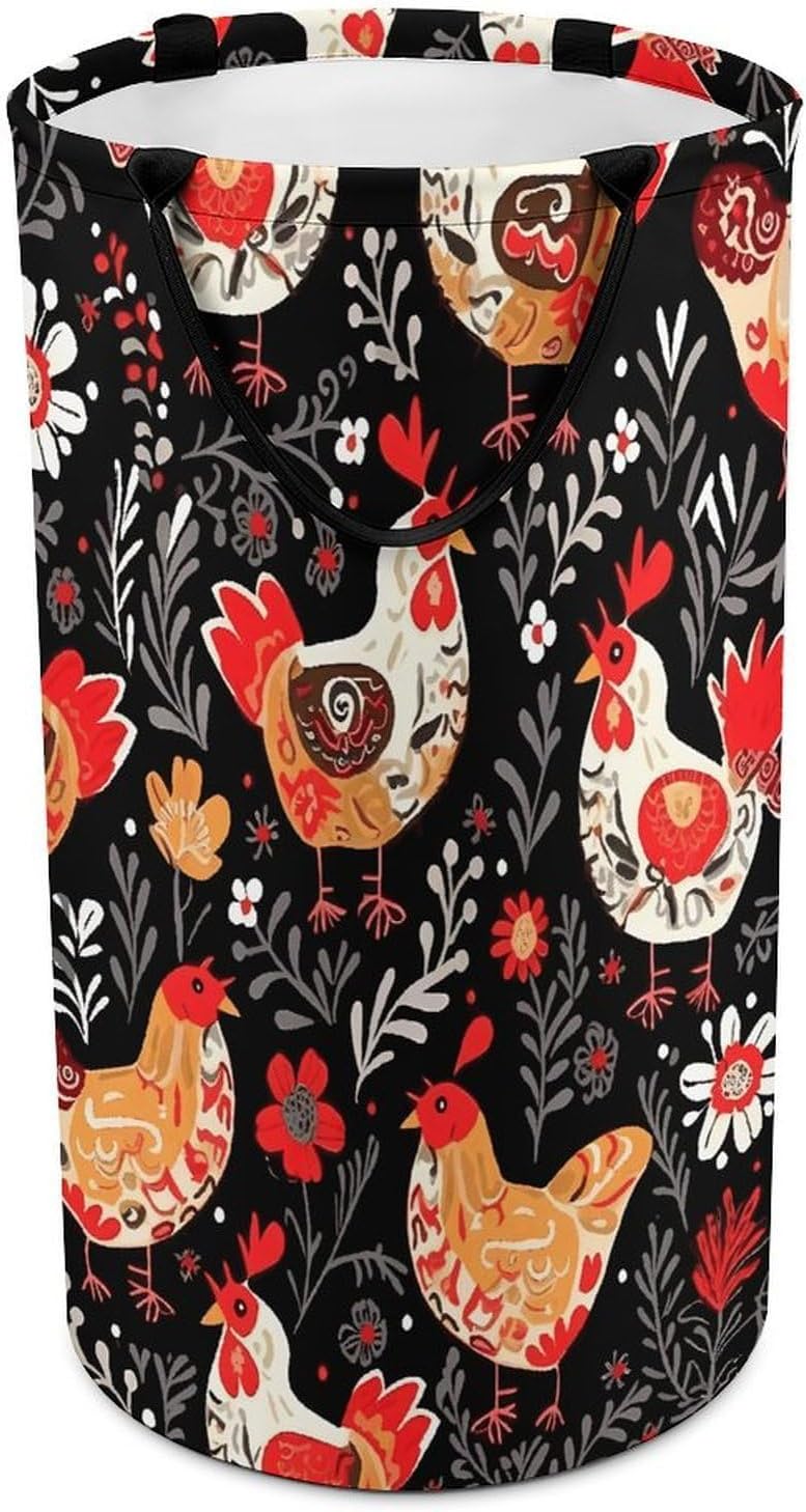 Cute Rooster Chickens Laundry Hamper with Handles Waterproof Collapsible Laundry Basket Large Lightweight Round Dirty Clothes Hamper for Home Dorm Bathroom Decor
