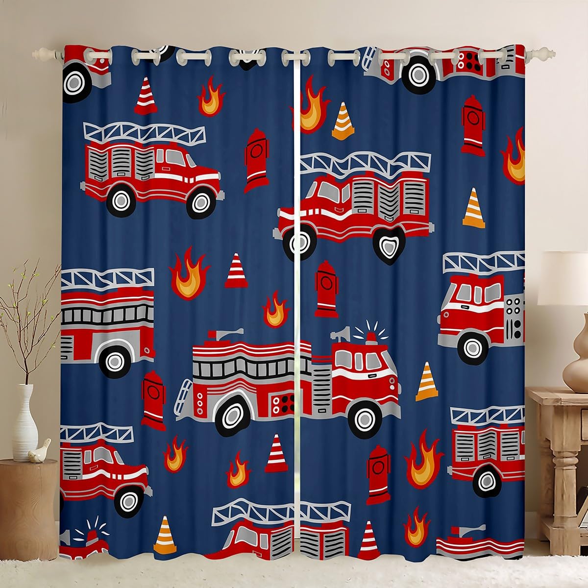 Feelyou Cartoon Car Darkening Dreapes Fire Truck Curtains Living Room Kids Firefighter 30%-50% Blackout Curtains Firemen Car Vehicle Fire Engine Blue