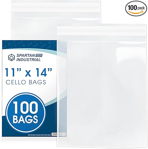 Spartan Industrial - 11" X 14" (100 Count) Crystal Clear Resealable Cello Poly Bags for Packaging, Clothing & T Shirts - Self Seal & Reinforced