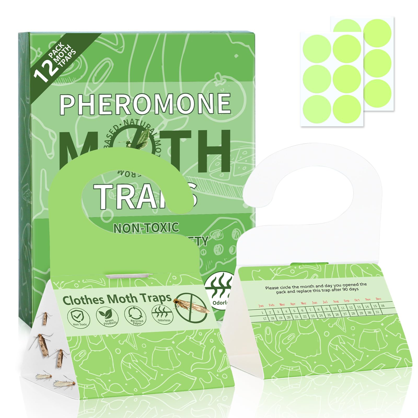 UltraPestcide Moth Traps for Clothes, 12 Pack - Clothing Moth Traps with Pheromones Attractant, Moth Sticky Trap for Closets & Carpet & Wardrobes,