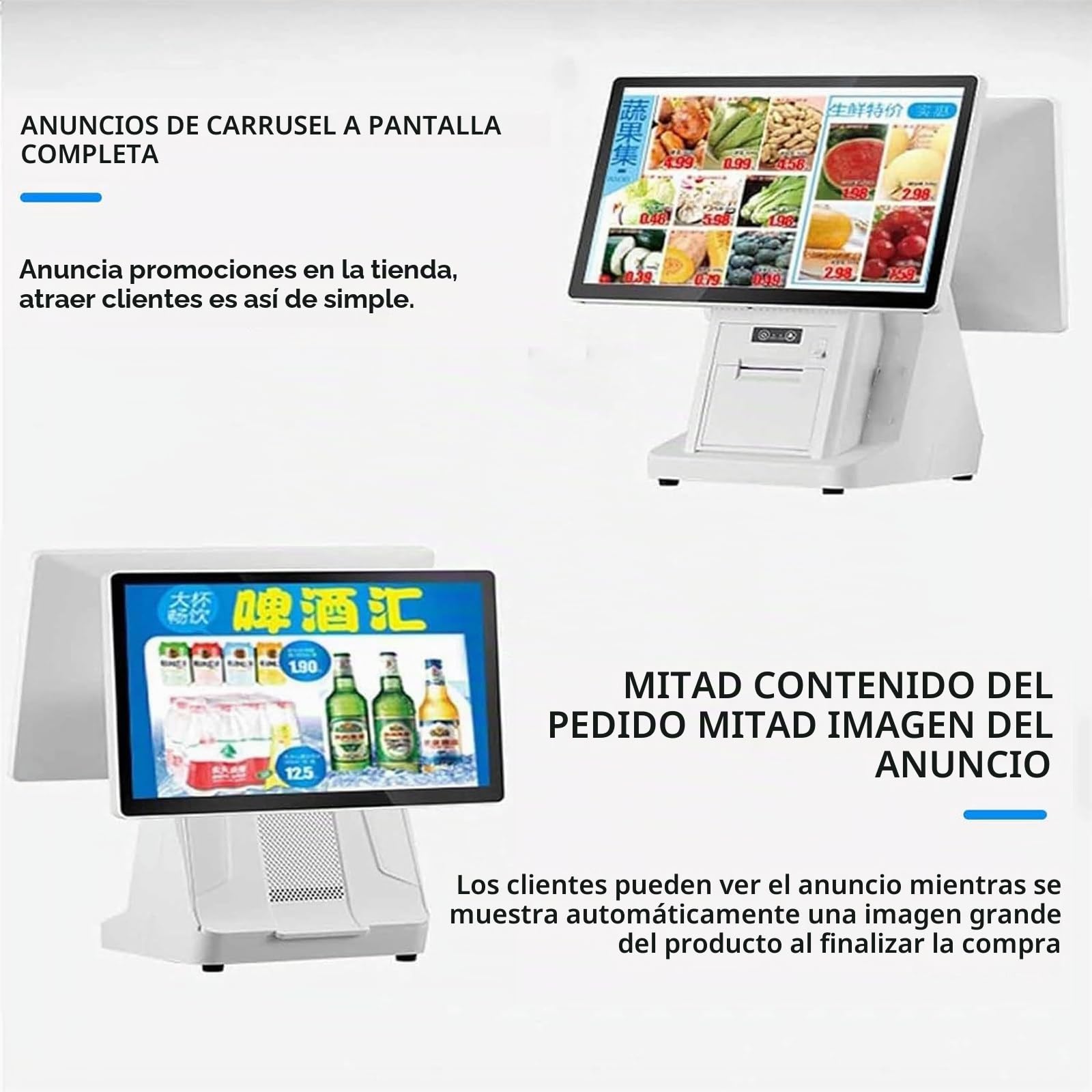 Caja registradora táctil de Doble Pantalla con Pantalla táctil Dual de 15,6", Impresora térmica integrada de 58mm, 8 GB de RAM, SSD de 128 GB, para restaurantes comerciales y minoristas