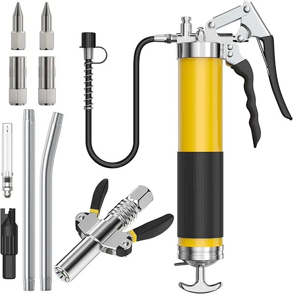 Grease Gun Kit with Hose Coupler: Lube Grease Guns Tool for 14 Oz Grease Tube - 8000 PSI Pistol Grip Heavy Duty Grease Gun with Locking and Needle Tip Nozzle - Manual Grease Gun with Zerk Fitting
