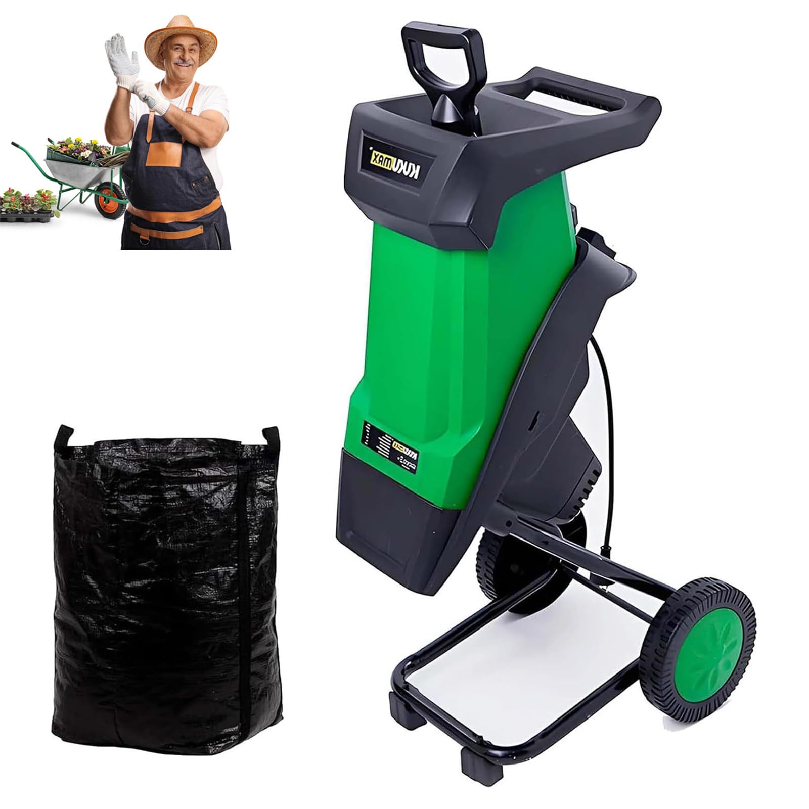 Biotrituratore Elettrico 2400W, trita Rami da Giardino, 4500rpm, Doppie Lame Acciaio, capacità Taglio 40mm, Sacco 50L, per Rami e Foglie, Facile da spostare