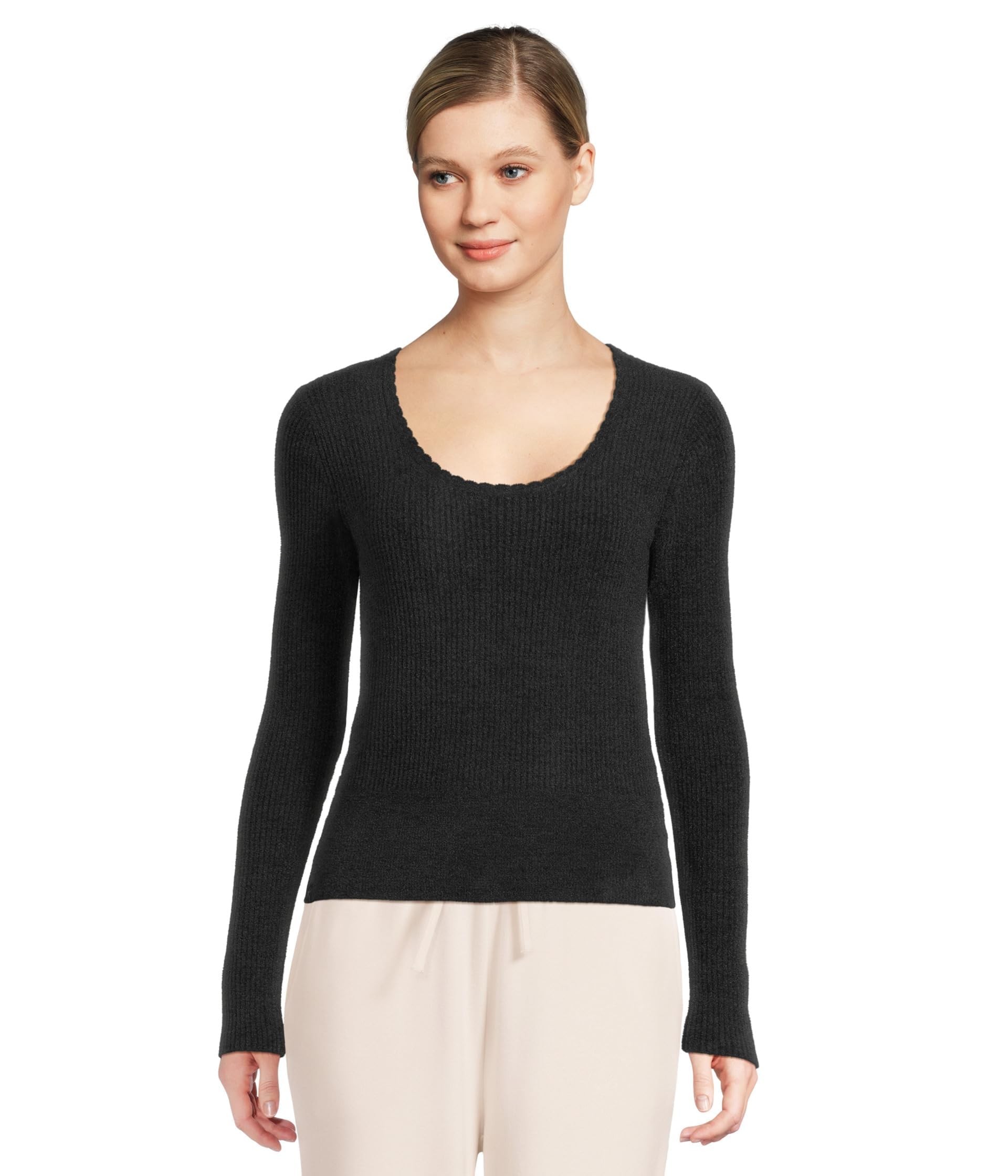 Barefoot Dreams Womens CozyChic Ultra Lite Ribbed Scallop Scoop Neck