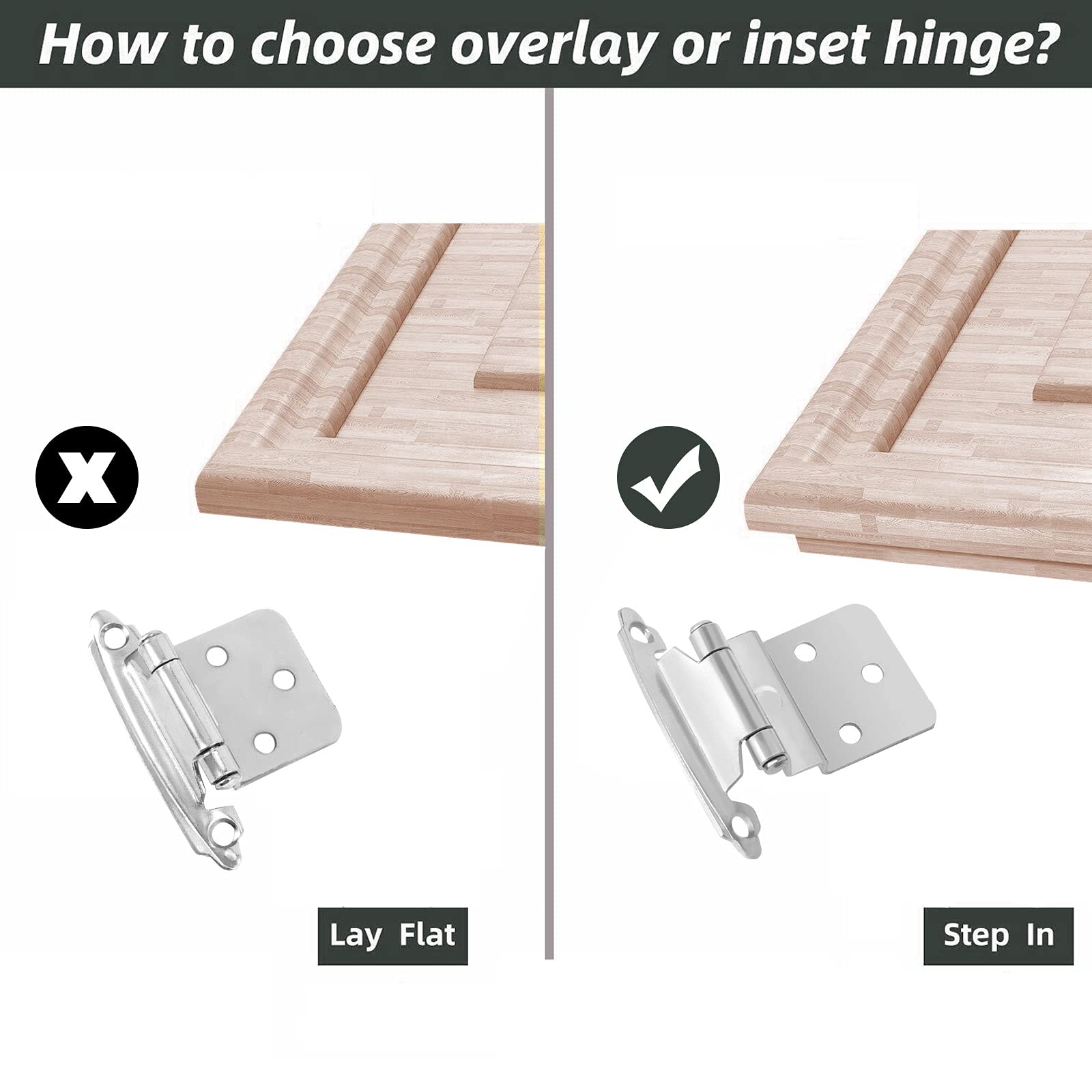 SEUNMUK 40 Pack 3/8 Inch Inset Satin Nickel Cabinet Hinges, Face Mount Self Closing Variable Flush Cabinet Hinges, with 200 Mounting Screws, Silver, Satin Nickel