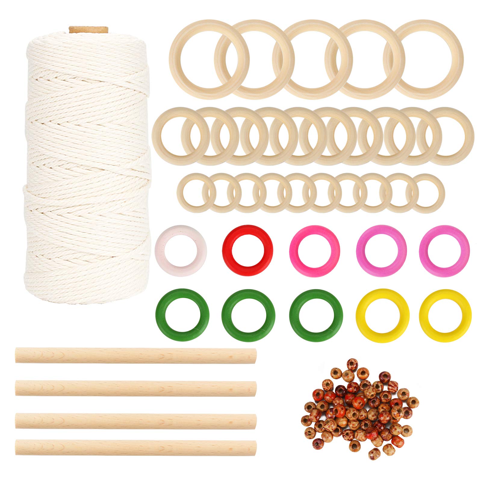 Aceshop 3mm Natural Macrame Cotton Rope, 100 Pcs Unfinished Wood Beads+25 Pcs 3 Sizes Wood Rings+10 Pcs Color Wooden Rings+4 Pcs Wood Sticks for Wall Hanging, Plant Hangers, Crafts, Knitting