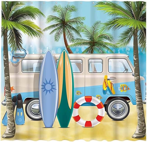 Allenjoy Cortina de ducha de playa tropical de 72 x 72 pulgadas decoración de baño de palmeras para automóvil decoración de baño tela de poliéster
