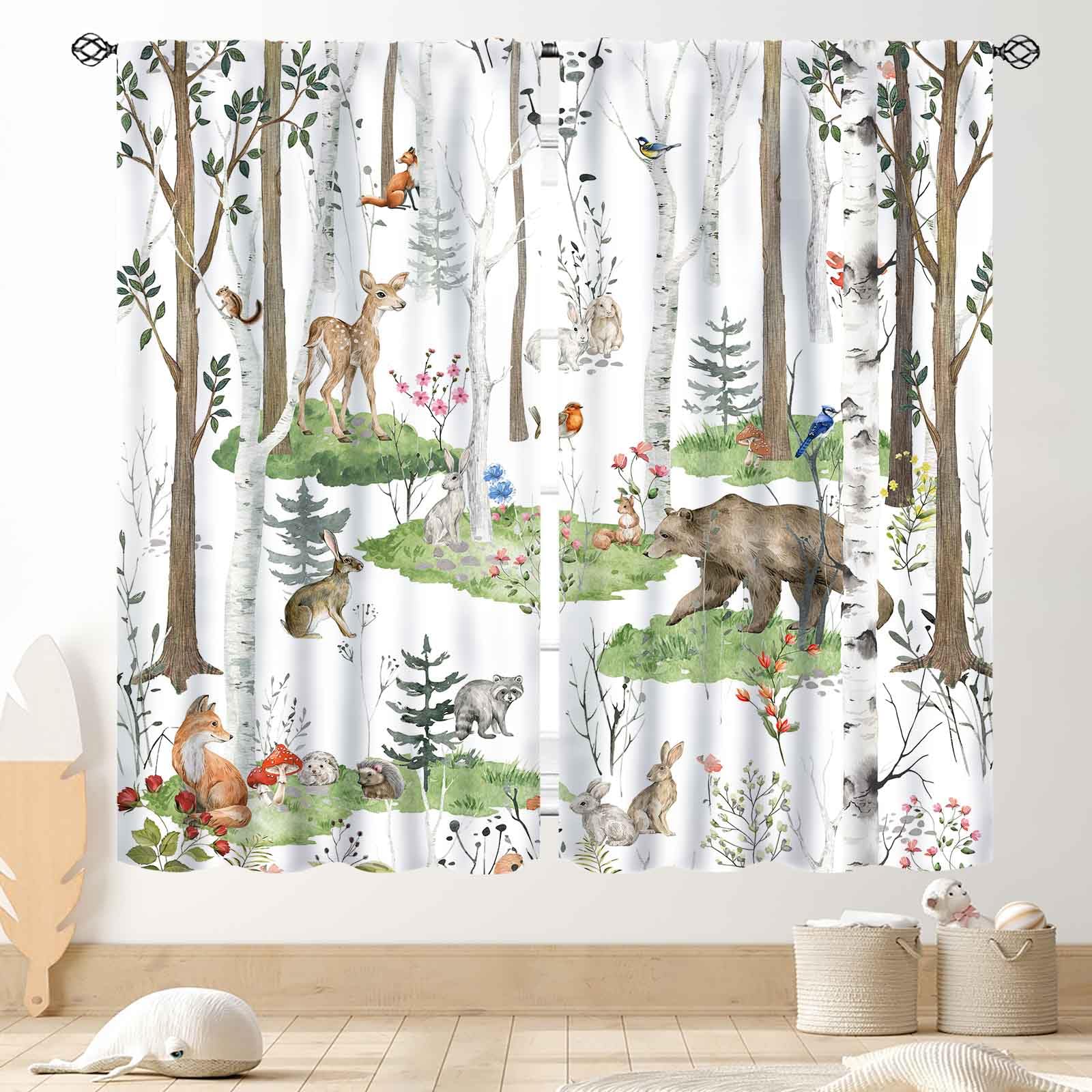 Woodland Animals Curtains, Kids Baby Rustic Cartoon Cute Forest Wild Animals Country Lodge Cabin Bear Deer Fox Cottage Window Drapes Treatments for Nursery Girls Boys Bedroom Living Room, 84"x63" Inch