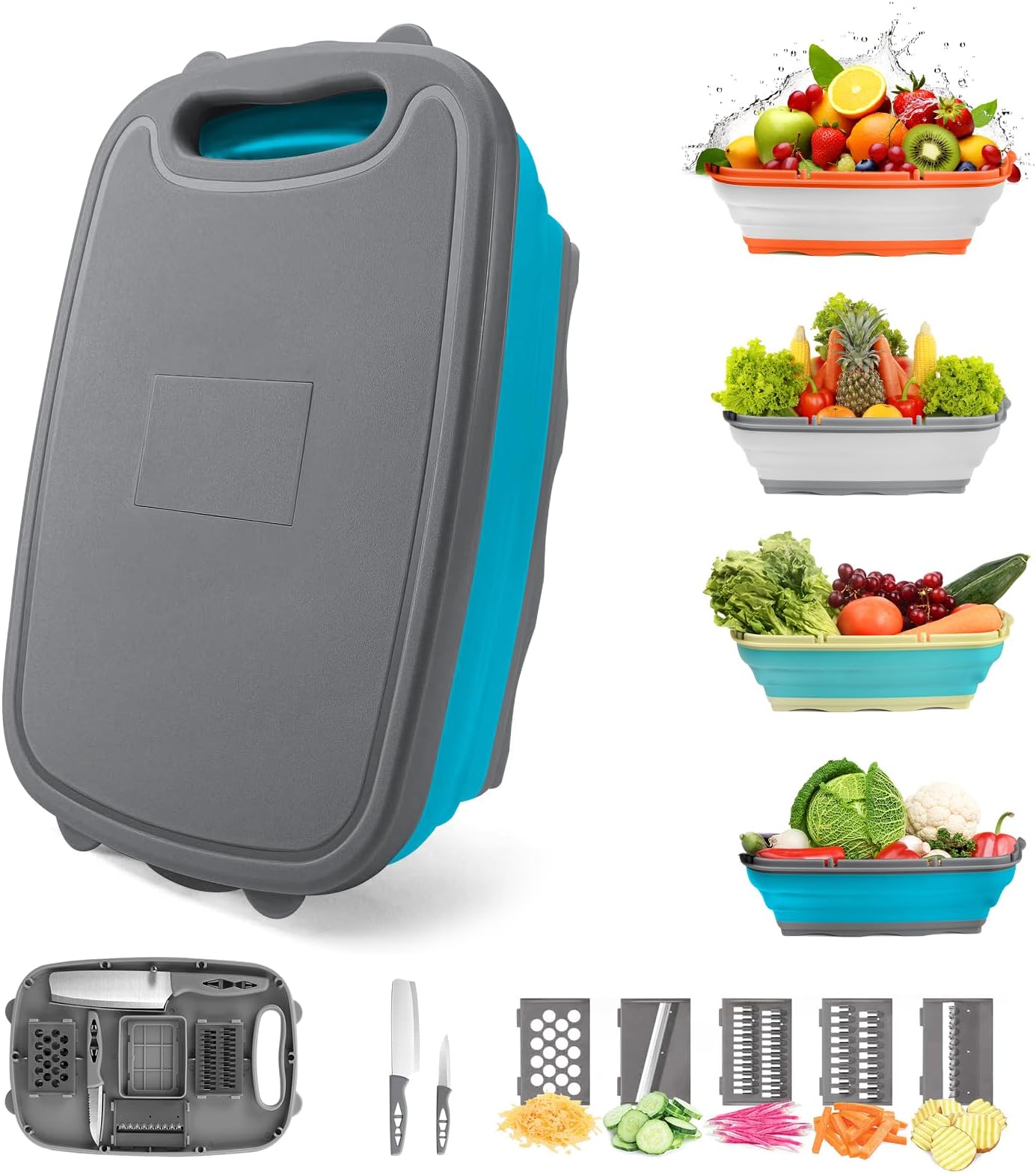 Gintan Camping Cutting Board, 9-in-1 Collapsible Chopping Board with Colander, Gifts for Campers Happy Camper,Camping Accessories for RV Campers(Blue+Grey)