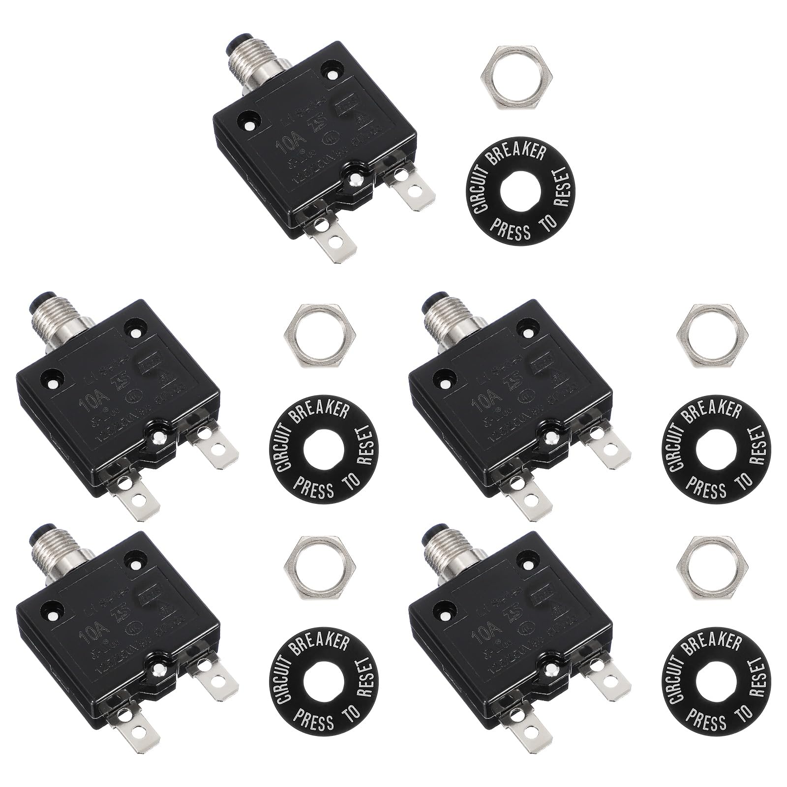 sourcing map 5 Pcs 10Amp Push Button Circuit Breaker,125/250V AC 50V DC Manual Reset Thermal Overload Protector Thermal Circuit Breaker for Industrial Auto Cars