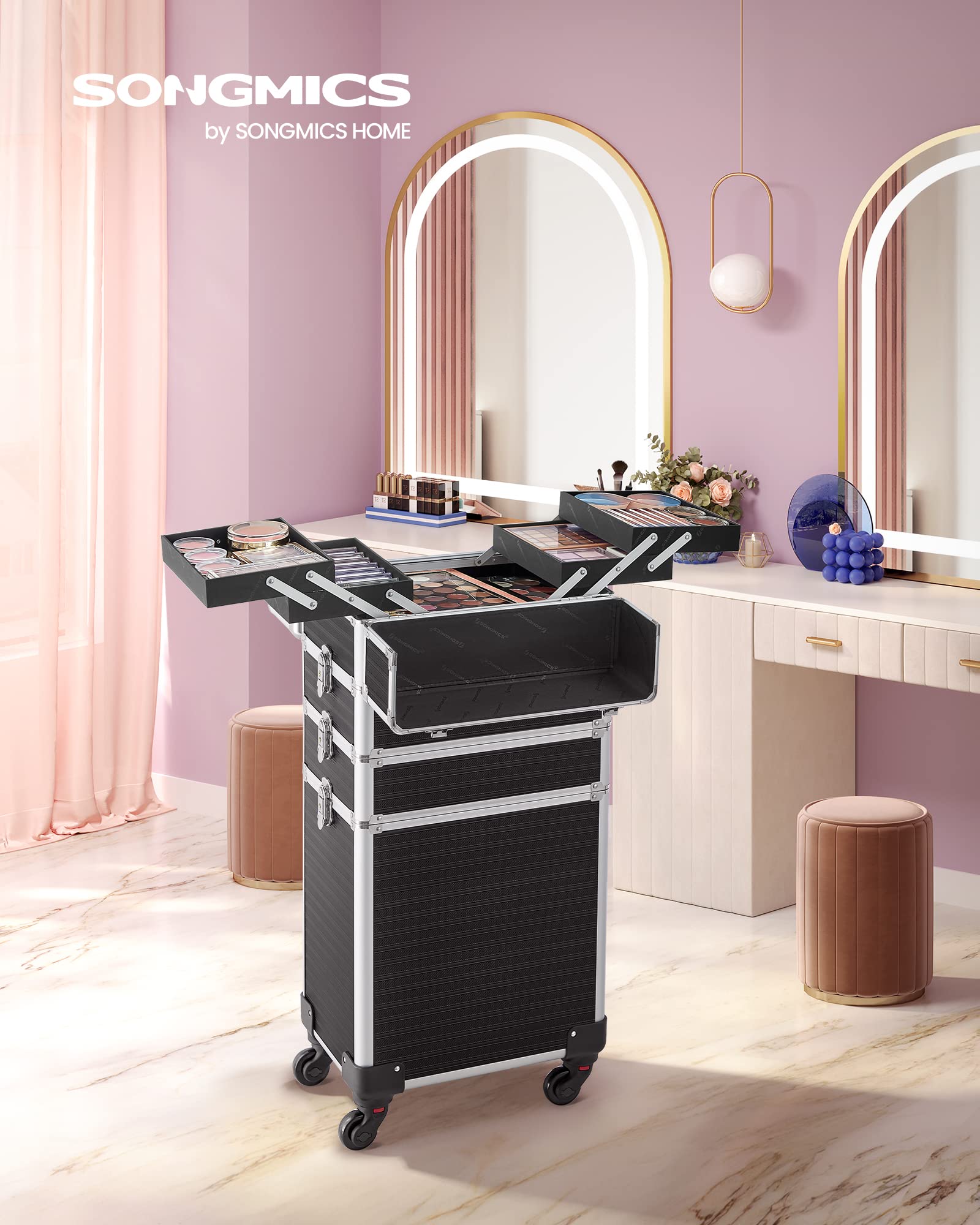 SONGMICS - Maletín de Maquillaje Profesional 3 en 1, maletín cosmético, bloqueable, Ruedas de 360°, para Viajes, manicura, maquillador, peluquería