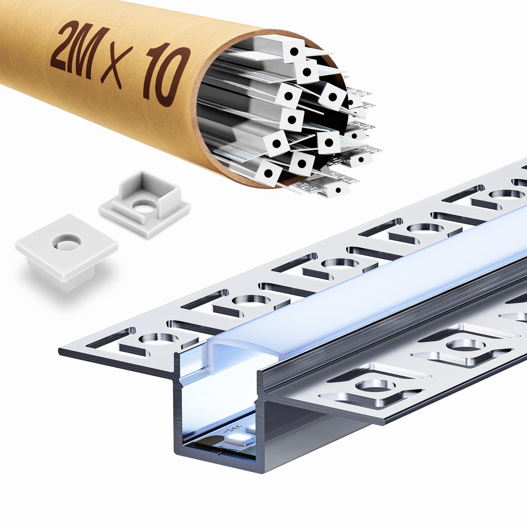 10 perfiles LED para paneles de yeso de 2 m, perfil de montaje de aluminio 2000 × 55,5 × 14,9 mm, apto para tiras LED de hasta 12 mm, perfil de aluminio LED para líneas de luz creativas en pared y