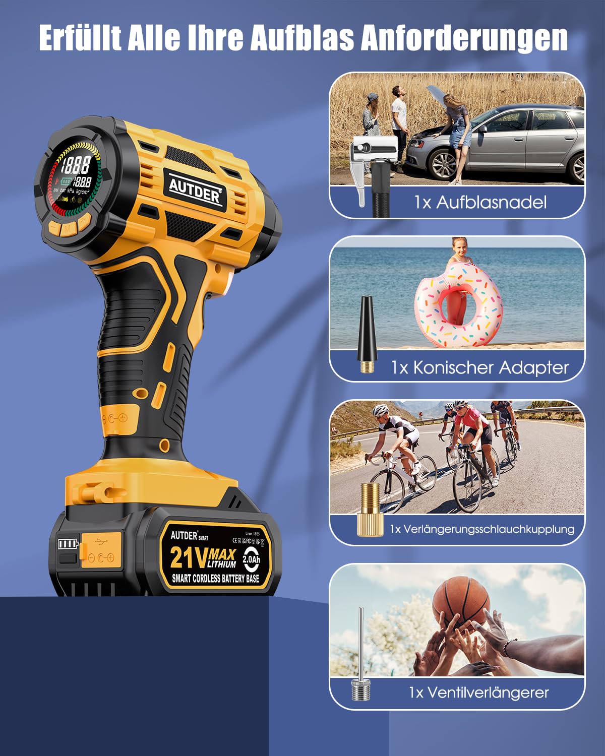 AUTDER Reifenfüller Akku Kompressor 180 PSI, Tragbare Luftpumpe mit Wechselbarem 21V Akku und 12V Auto-Stromkabel, Auto-Stopp, LCD-Display, LED-Licht für Auto, SUV, Motorrad und Fahrrad, Gelb