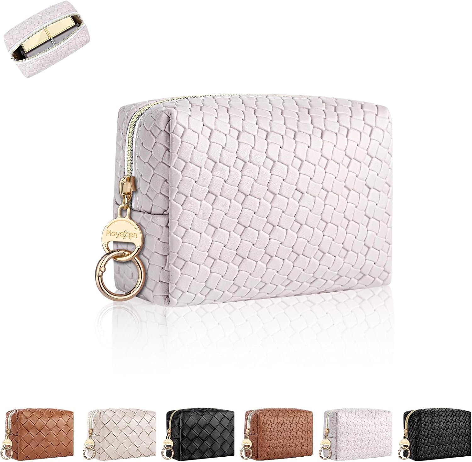 Mini Makeup Bag, Small Cosmetic Bag for Purse with Ring Buckle, Portable XS Travel Makeup Pouch Purse for Women Daily Use (Small Plaid, Khaki)