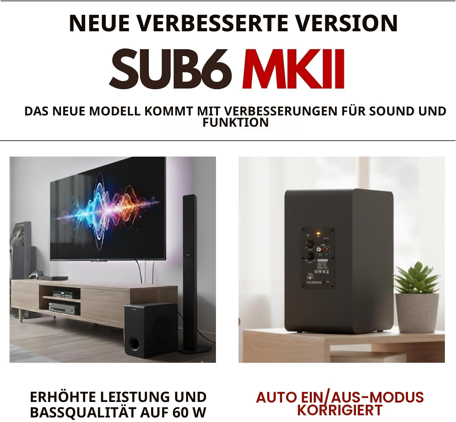 VULKKANO SUB6 MKII Kompakter aktiver Subwoofer mit 15,2 cm (6 Zoll) mit tiefem Bass und elegantem Design für Heimkino, Musik und Videospiele, Frequenz: 50 Hz bis 200 Hz