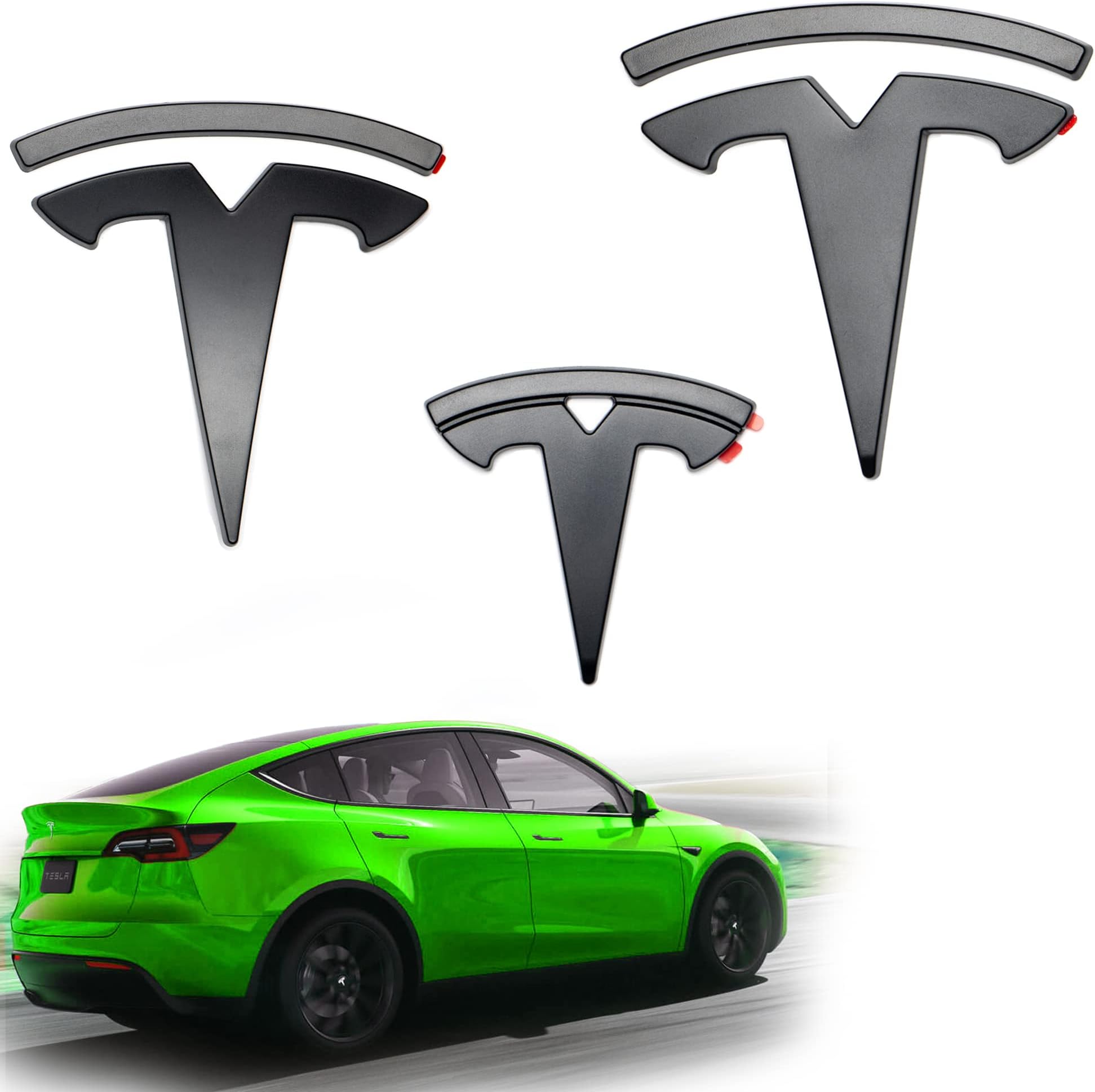 Emblem Logo for Tesla Model Y Black Matte Set of 3 Pieces Front/Rear/Steering Wheel Accessories (Tesla Model Y)