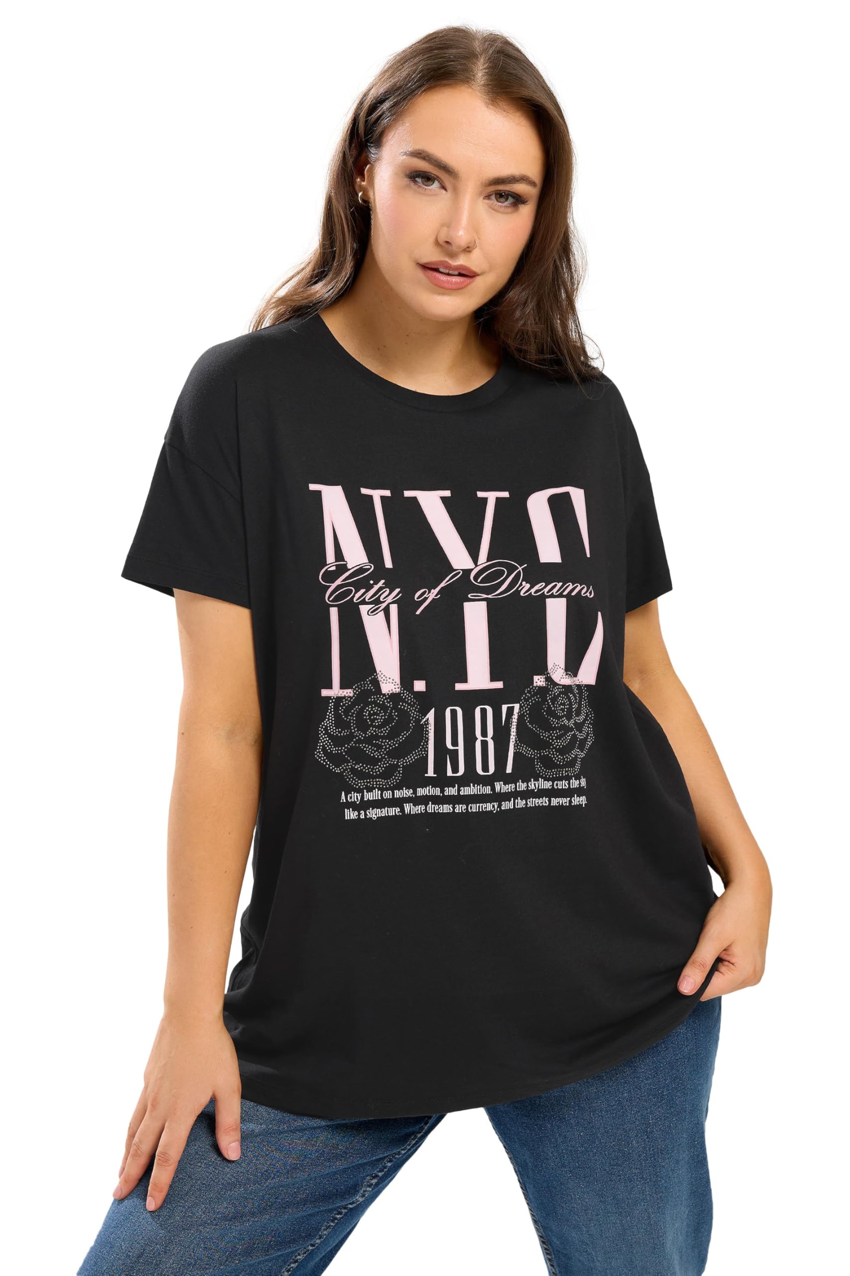 Yours Women's Black Embellished Graphic T-Shirt In Size 26-28