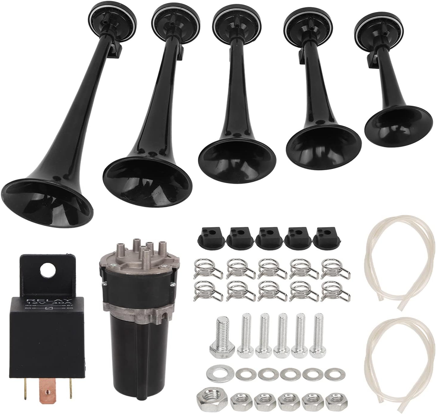 5-Trumpet Horn System 130dB Duty 12V Electric Musical Horn Kit for Truck Van – Complete & Mounting Hardware
