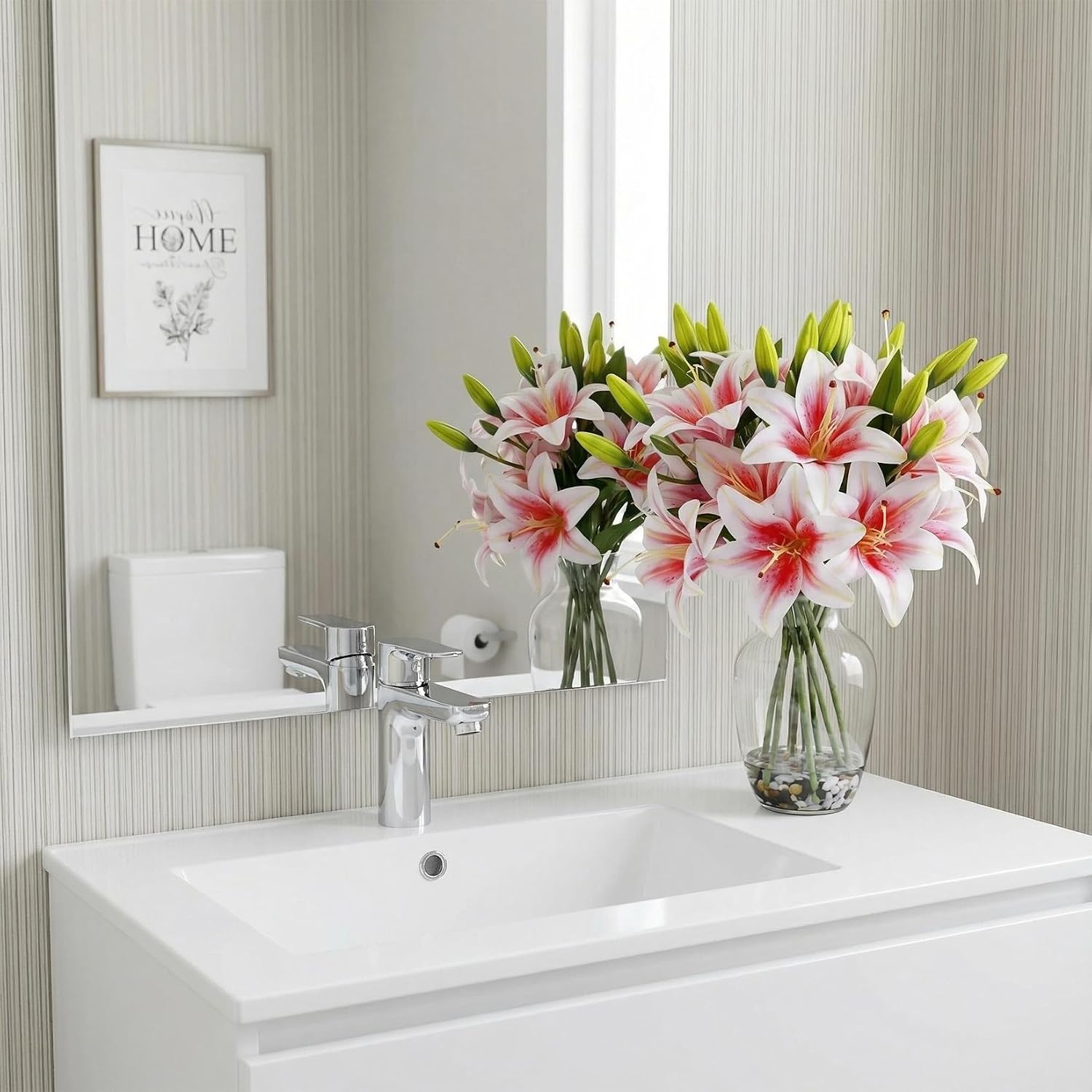 Garvee Artificial Lily Flower, Lifelike Pink Fake Lilies in Vase with Faux Water, Artificial Floral Arrangements for Home Office Anniversary, Birthday & Special Occasions Decor