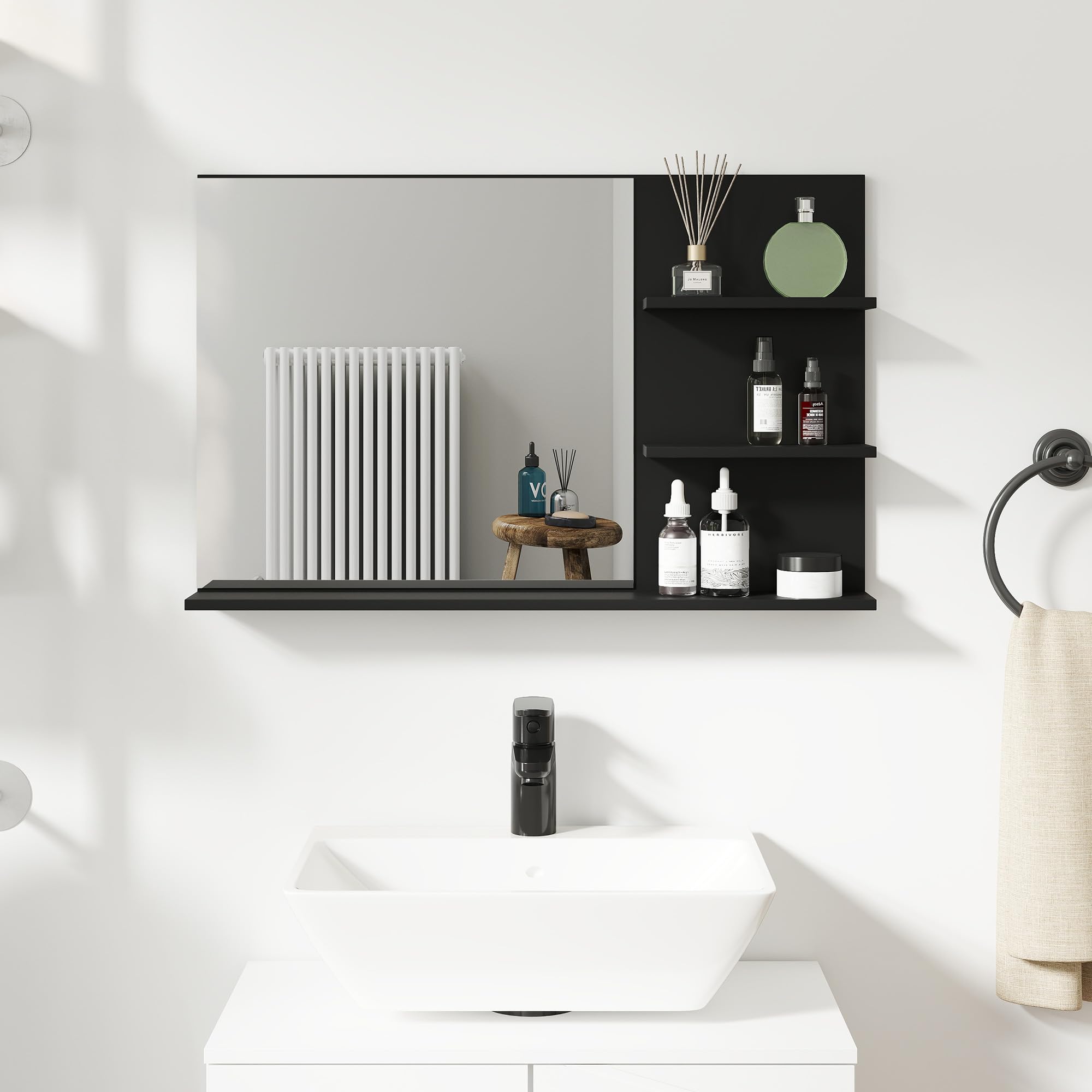 kleankin Miroir de Salle de Bain Moderne avec 2 étagères latérales et Une étagère inférieure, Miroir Mural en MDF et Verre, 75x10x48 cm, Noir