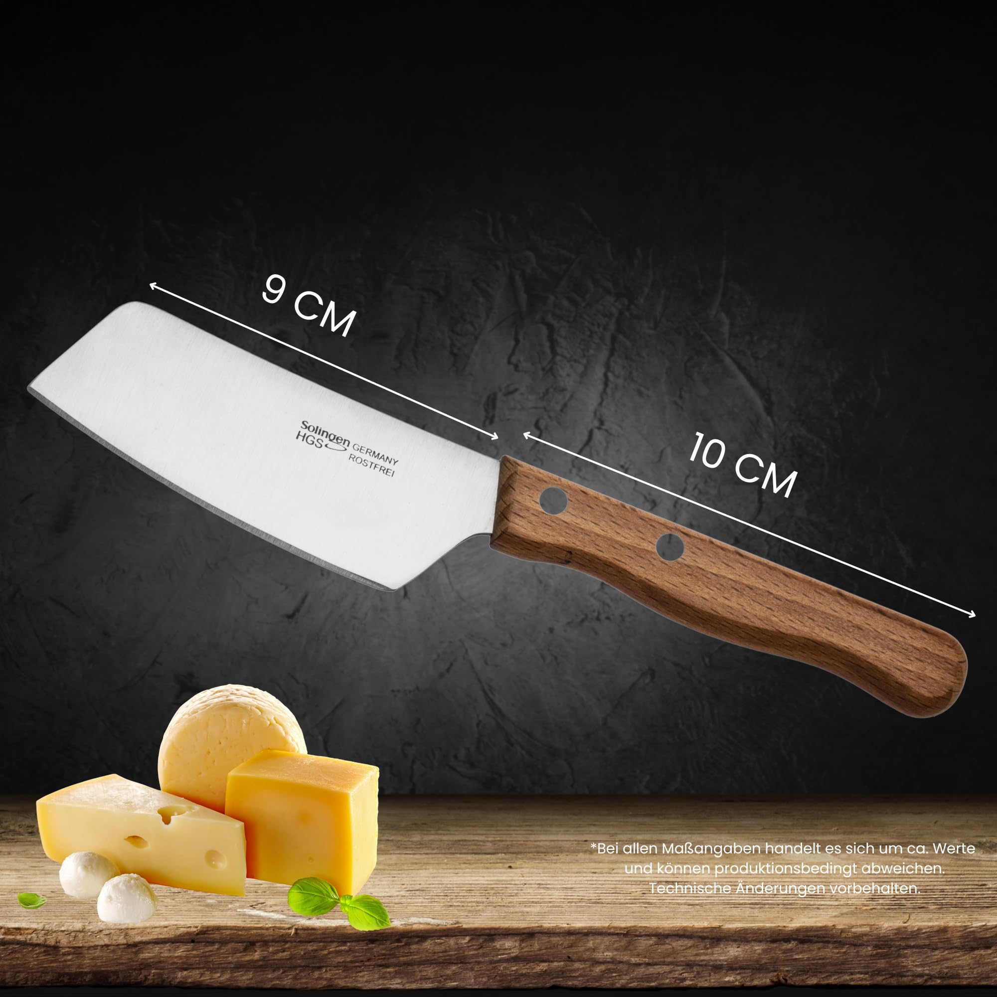 GEHRING| Solingen Käsemesser Set 4tlg. LOOK, Käseschneider mit Buchenholzgriff, für Hartkäse, Weichkäse, Streichkäse, mit Käsebeil, Besteck