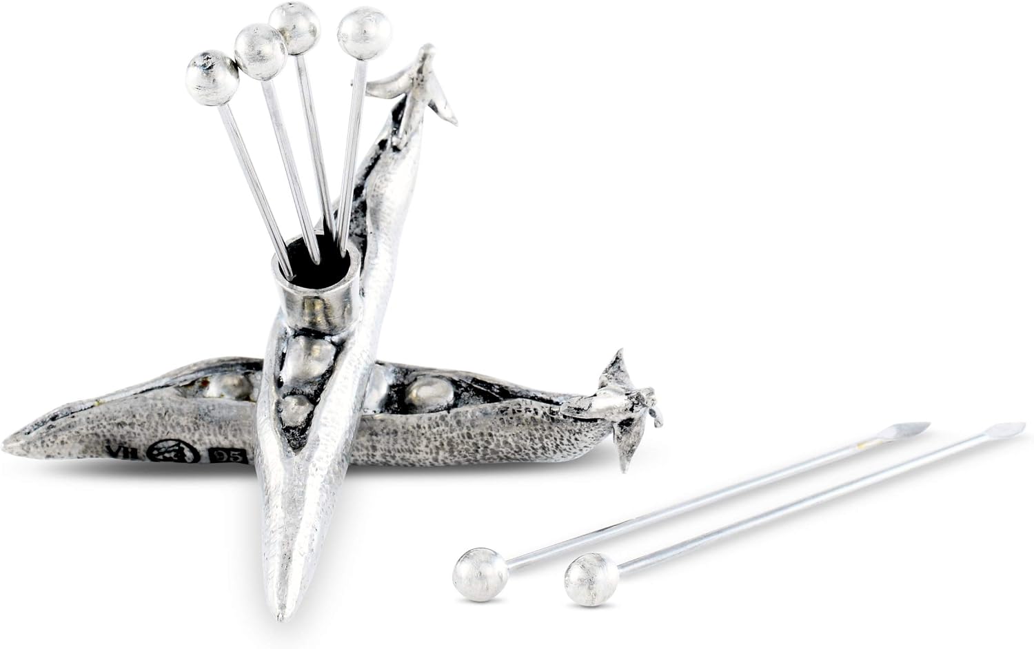 Vagabond House Pewter Pea Pod Cheese/Hor d'oeuvre/Cocktail picks / (6 Picks in Set) - Silver Color 3 inch Tall