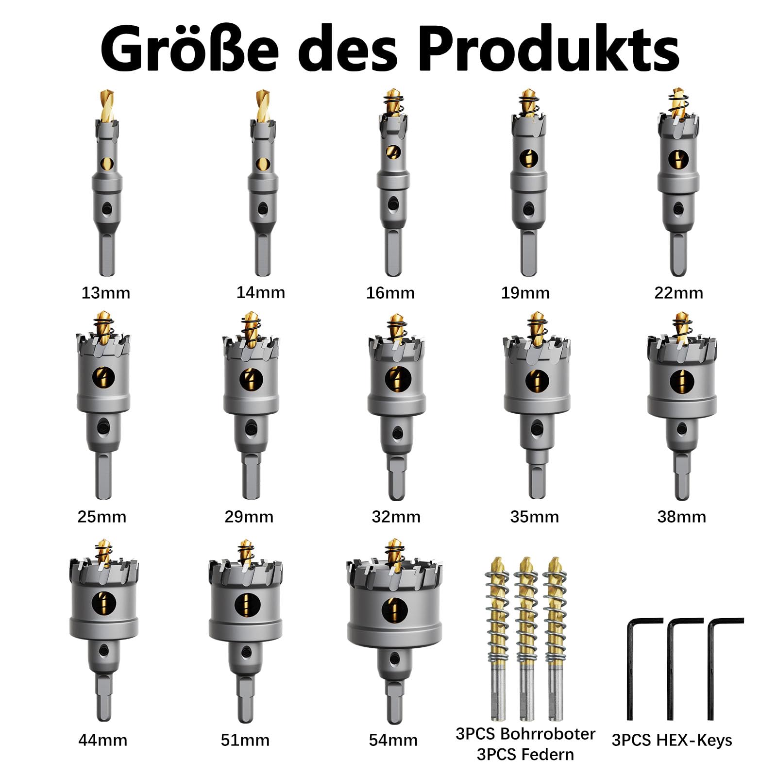 19 stück lochsäge metall set,Hartmetall Lochsäge,Hartmetall Bohrer Metall tarke TCT Bohrer Set,mit Titan-Piloten und L-Wrench,für Stahl Eisen Aluminum Metall Hole Saw