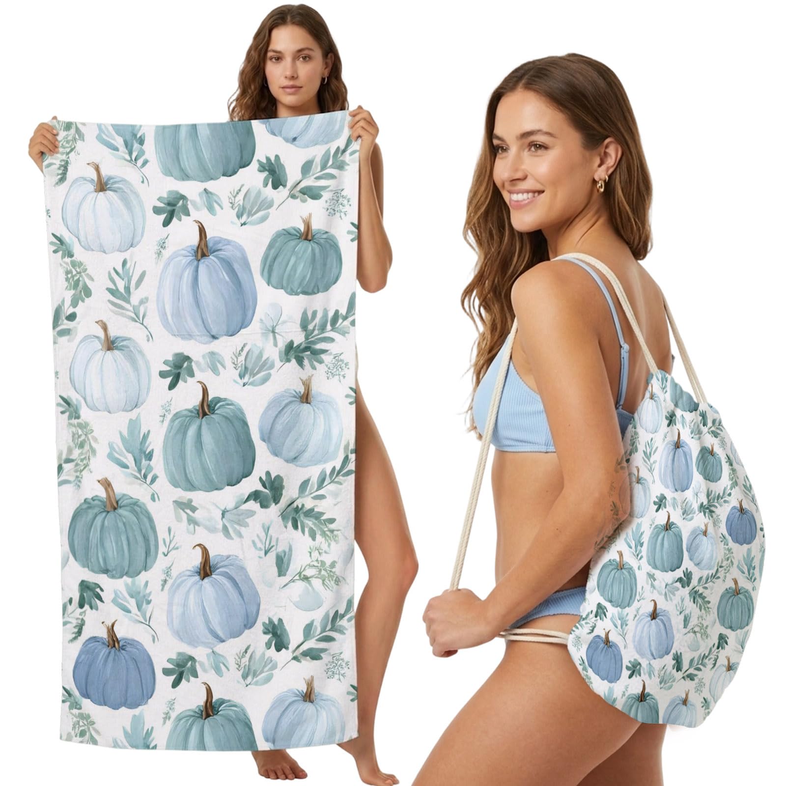 FWJZDSP 2-in-1 Beach Towel Backpack,Watercolor Blue Green Pumpkin Bath Towel with Built-in Storage Thanksgiving Fall Leaf Convertible Foldable Beach Blanket for Travel Pool Gym Camping Swim,31x63in