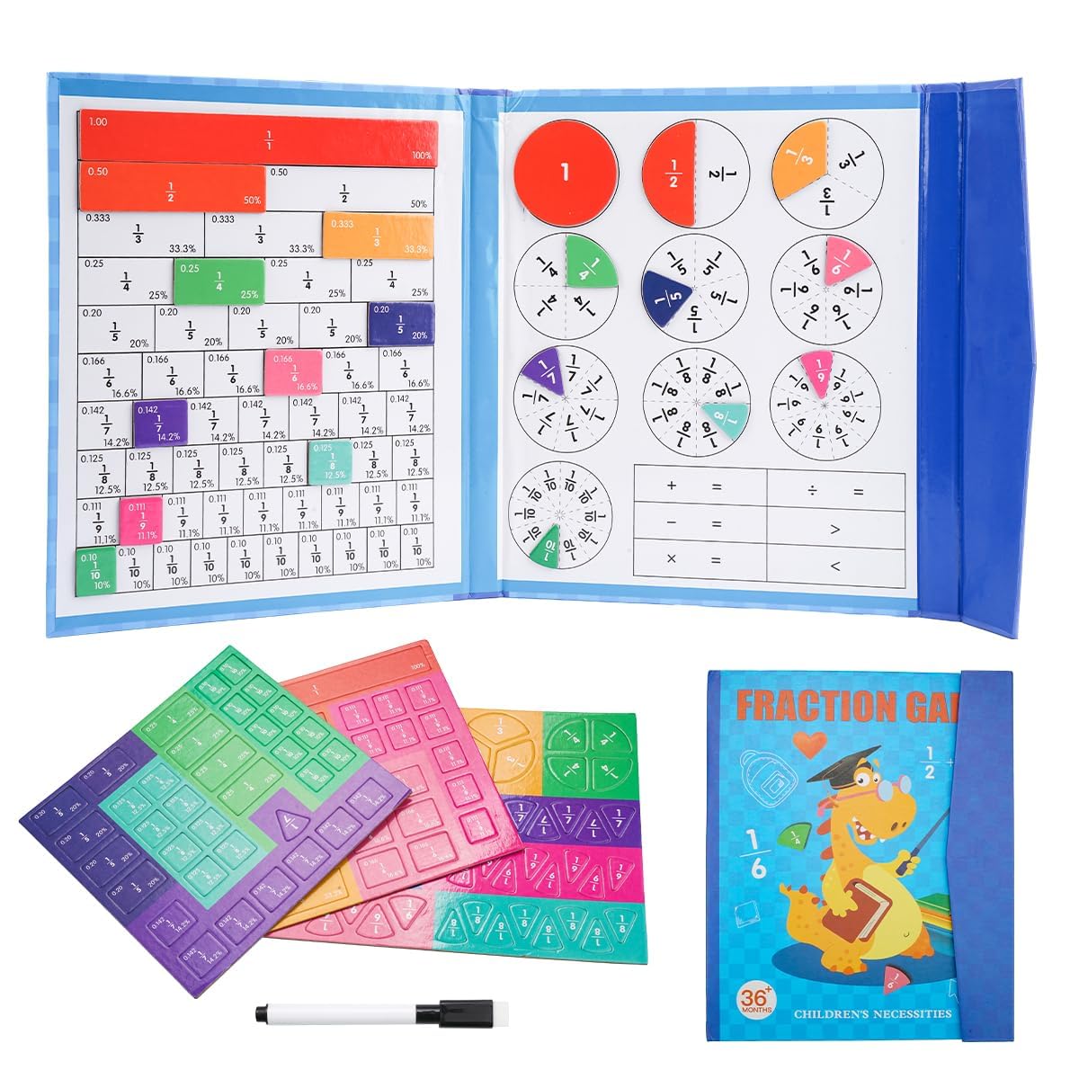 Magnetic Fraction Playbook,Non-Toxic Magnetic Fraction Book,Magnetics Fractions Puzzle Book with 3 Magnetics Plates and Whiteboard Pen,Manipulatives Learning Toys for Tutoring,Classroom and Homeschool