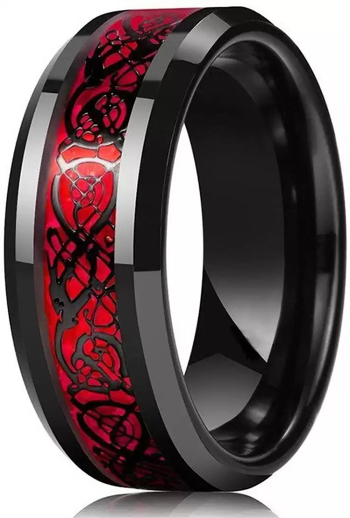 Stainless Steel Tungsten Rings for Women Men Wedding Bands Celtic Dragon Carbon Fiber Inlay Beveled Edges Polished Comfort Fit (Black & Blue, 17)-image-20