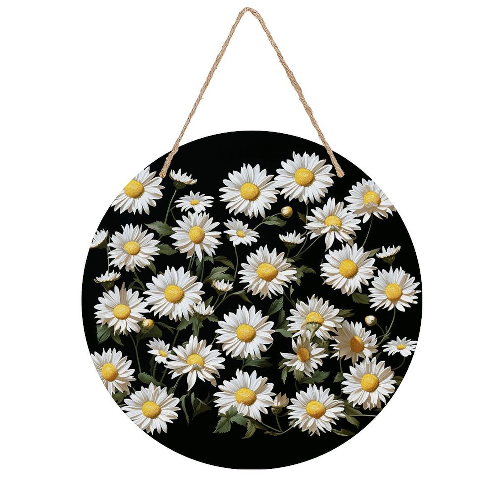 VstaDank Daisy Wooden Wall Art Decor Round Wood Plaque Wooden Door Hanger Sign with Hole And Hanger Rope Trend Wood Decorative Paintings for Home Outdoor Indoor 7.87 Inch