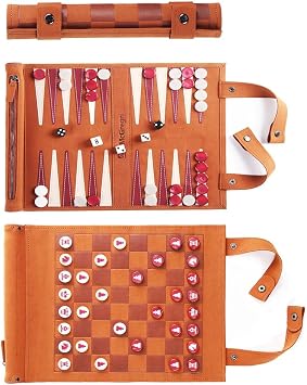 Travel Backgammon Set with Chess & Checkers, Roll-Up Board Game