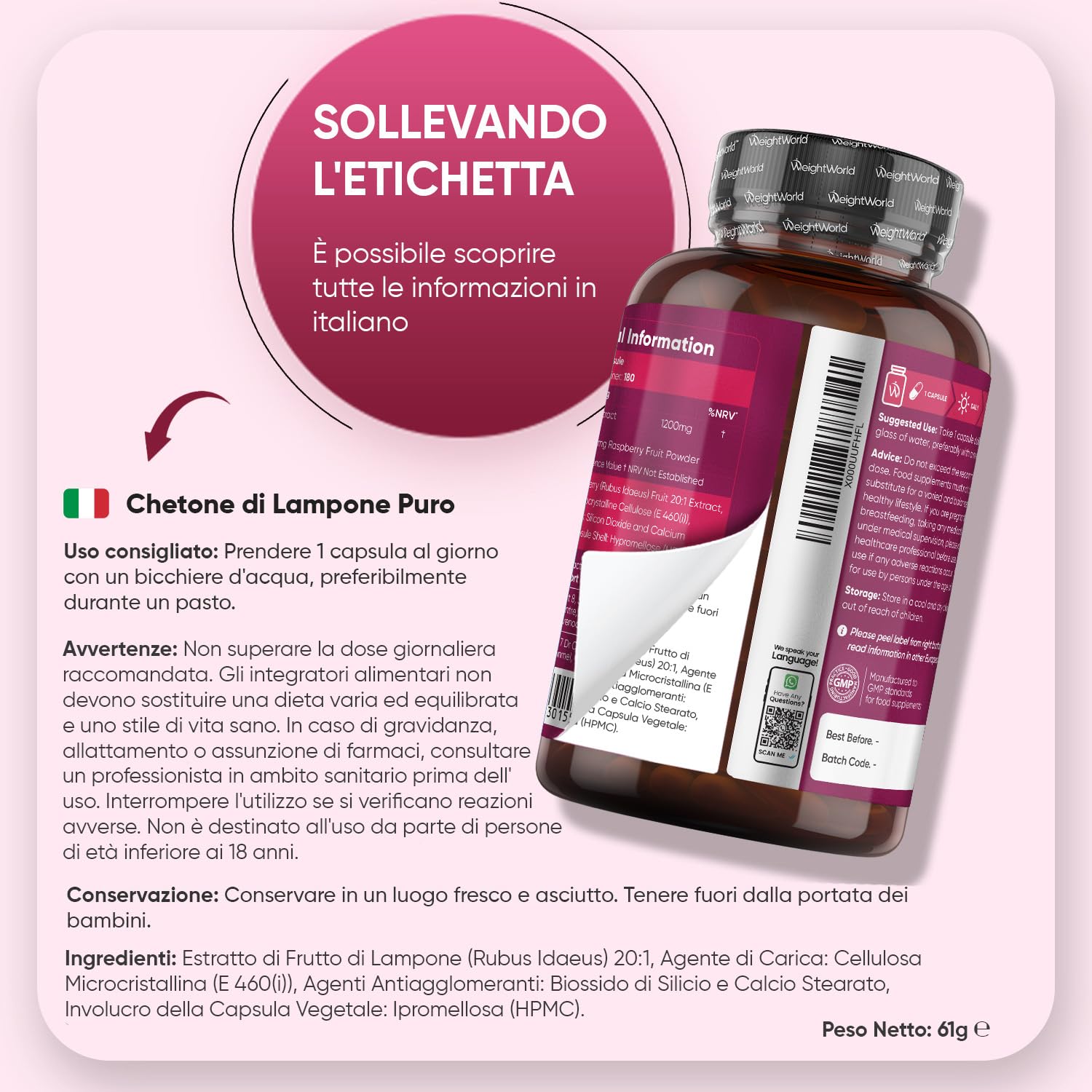 Chetoni Esogeni di Lampone Puro in 180 Capsule Vegane (6 Mesi di Fornitura), 1 al Giorno, Integratore Chetoni Estratto 20:1 (1200mg), Raspberry Ketone Pure, Privo di Magnesio Stearato, Senza Glutine