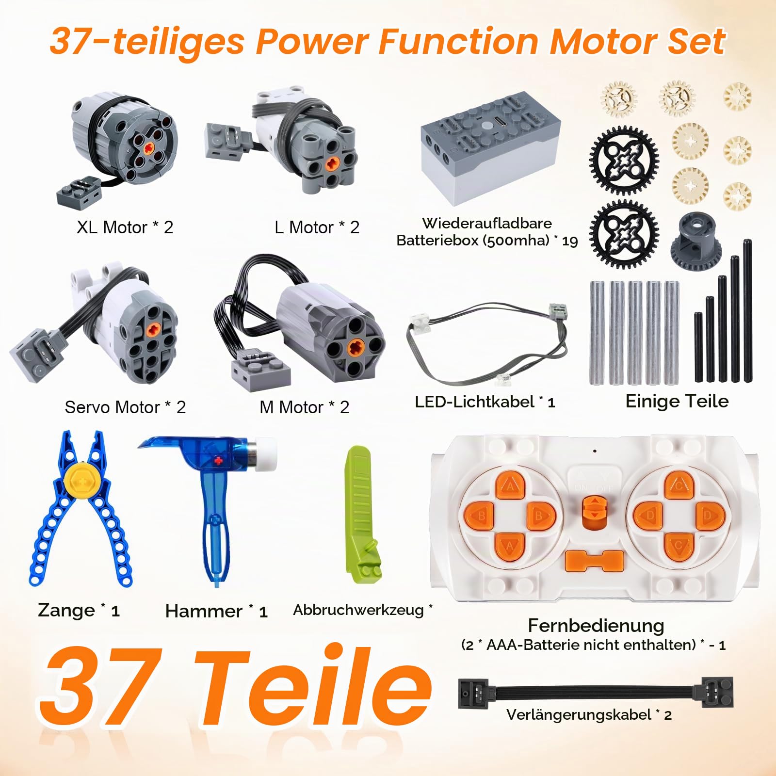 Power Functions Set,APKLVSR 37 in 1 Elektrisch Spielzeug Motoren Set mit Zahnrädern und Kohlefaserachsen, Kreuzgelenken aus Aluminiumlegierung, Fernbedienung Kompatibel mit Vielen Modellen