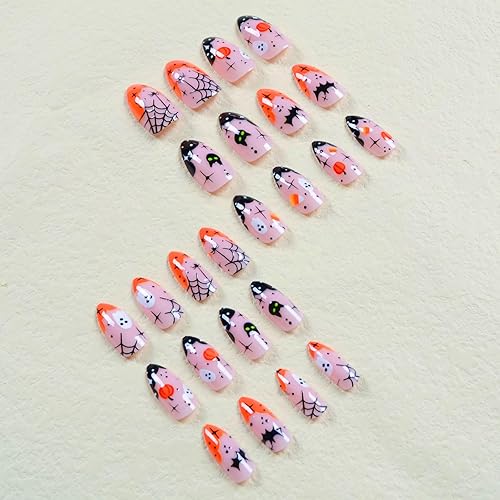 Miniatura 4 de Uñas postizas a presión de punta francesa de Halloween, uñas postizas medianas con calabaza, fantasma, murciélago, araña, diseños de telaraña,