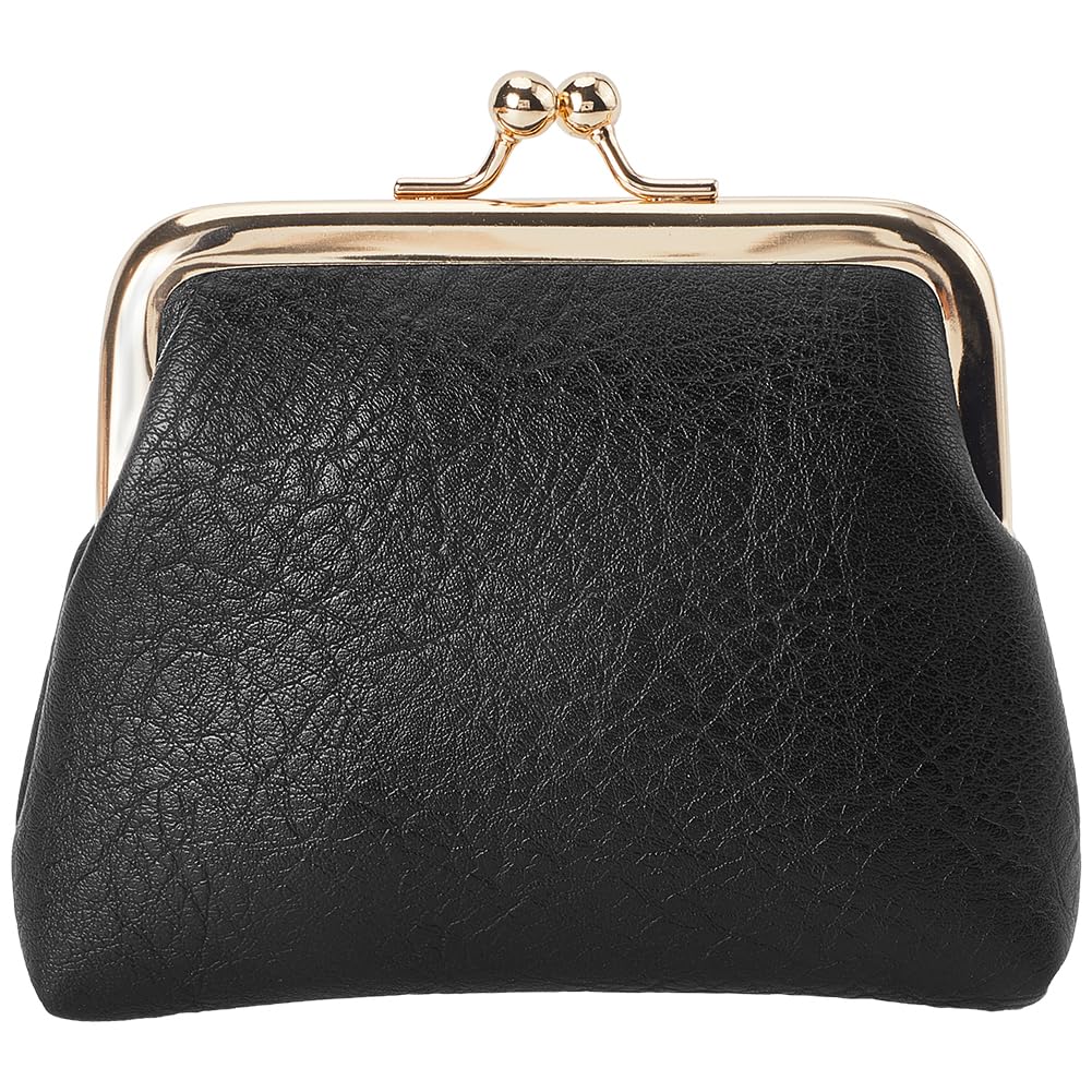 CREATCABIN Black Kiss Lock Mini Wallet Vintage Leather Coin Purse Ladies Money Pocket Metal Frame Compact Hand-held Slim Wallet Gift for Women Men Credit Card Keys Coin Headset Storage 4.1x4.3x1.2in