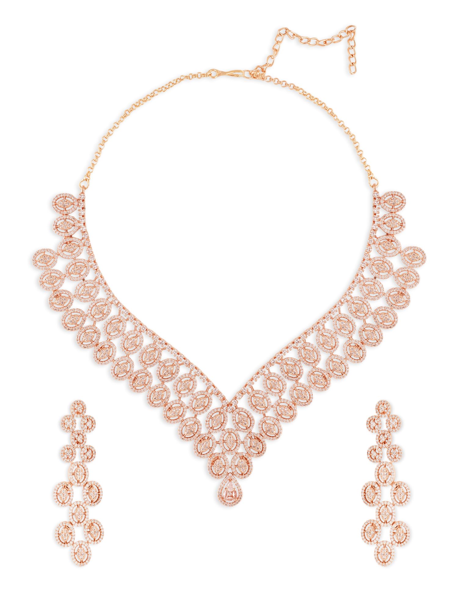 Rose Gold Cubic Zirconia Contemporary Brass Necklace & Earring Set For Women-ZPFK21107-image-18
