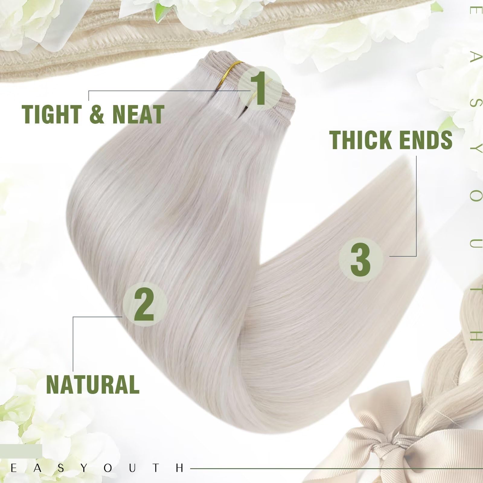 Easyouth 100G Sew in Hair Extensions Real Human Hair White Blonde Weft Hair Extensions Human Hair Blonde Hair Extension Real Human Hair Weft Add Length and Volume 24In - Image 3