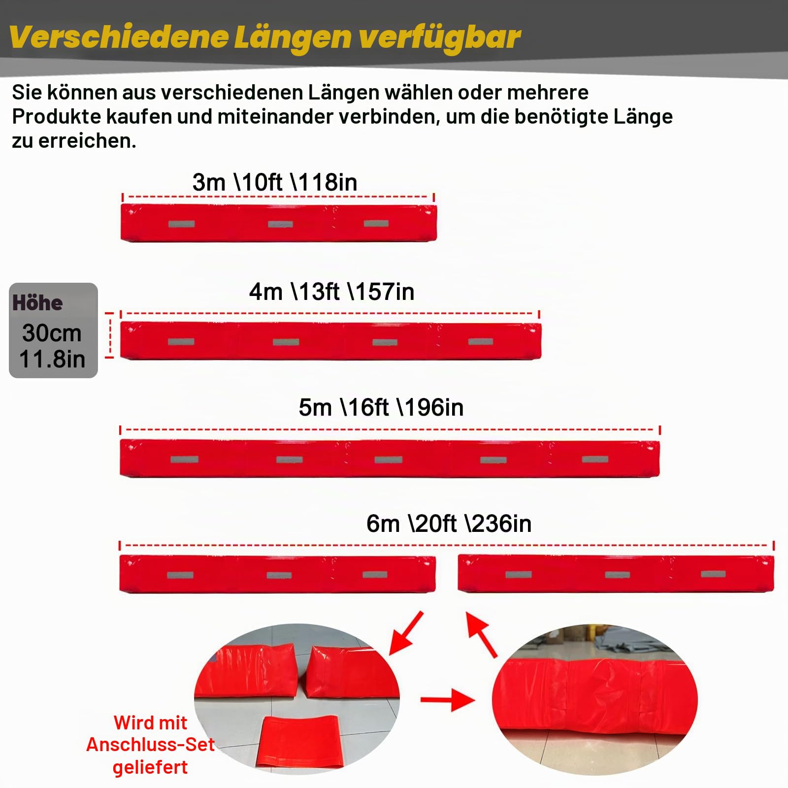 Hochwasserschutz bei Türen Wassergefüllte Hochwasserschutzbarriere Aufblasbare Hochwasserschutz, alternativer Sandsack für Regenschutz Rot (157"x15.7")