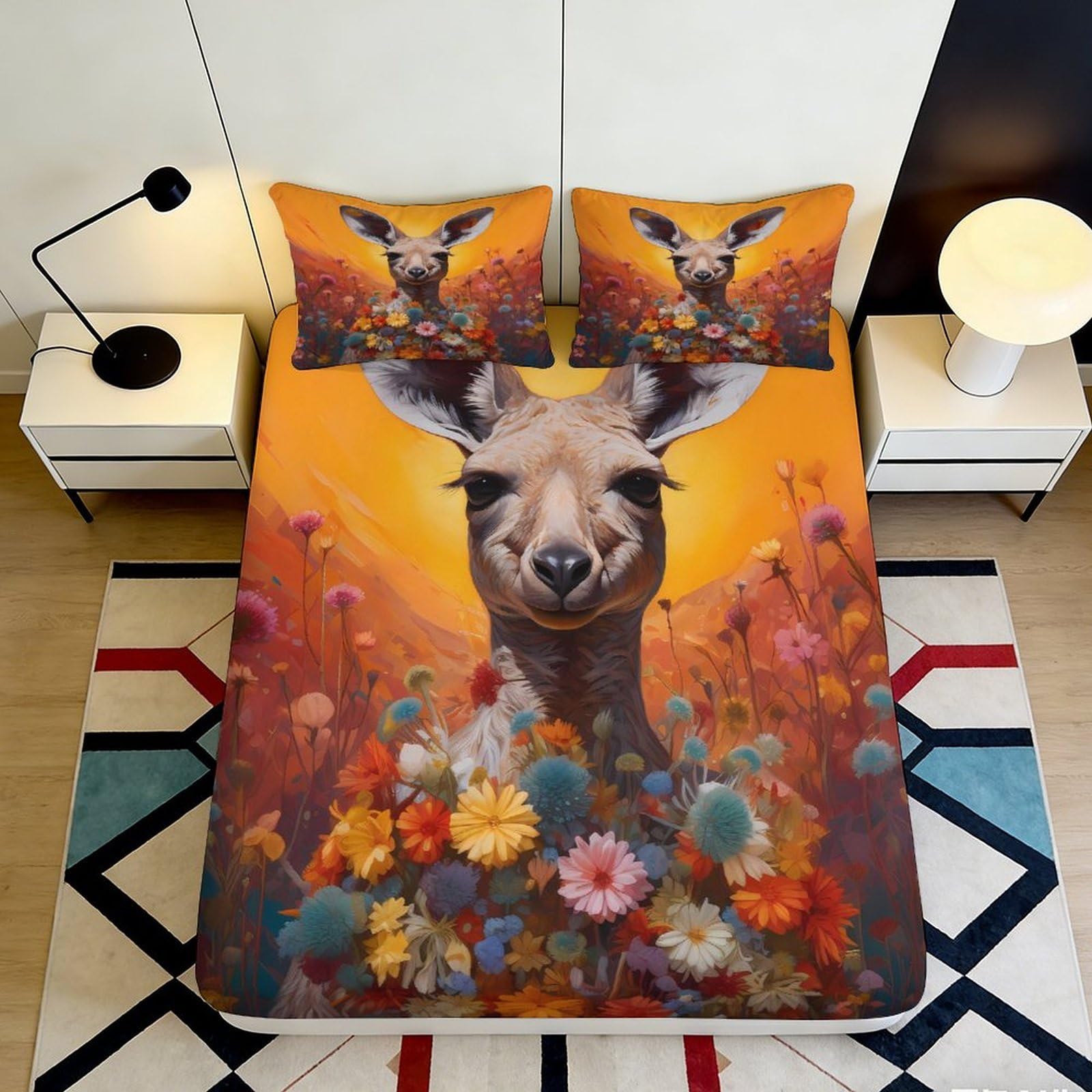 3D Printed Llama Floral Fitted Sheet Microfiber Anti-Slip Mattress Cover Vibrant Orange Bedroom Decor Machine Washable 90x200x25cm