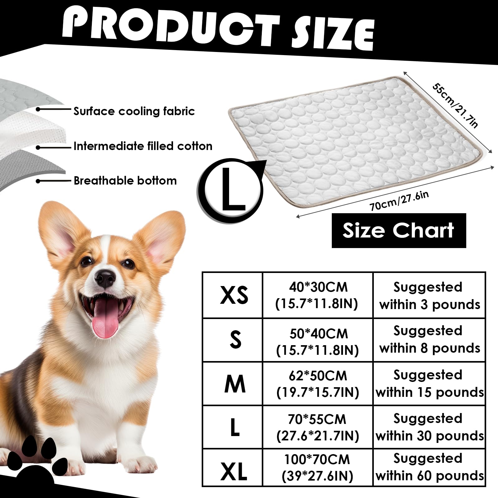 Tappetino Refrigerante Cane 69x50CM, Tappetino Rinfrescante per Cani Antigraffio, Resistente, Atossico, Pieghevole, Tappetino Rinfrescante Lavabile, Facile Pulizia per Interni, Esterni,Auto,(L/Grigio)