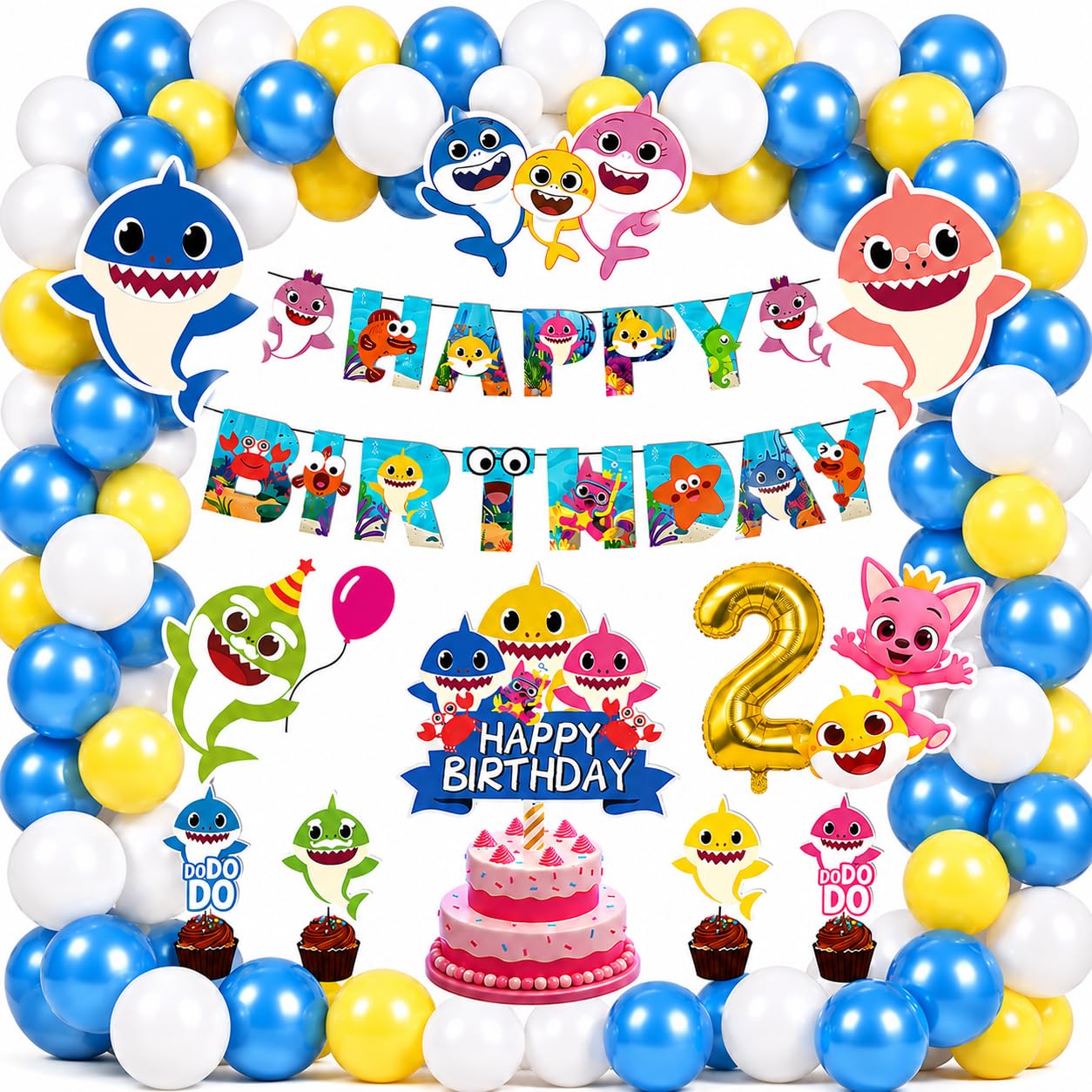 Partyjoy Birthday Decoration Kit for Kids | Birthday Banner, Balloon Garland Arch, Number Foil , Cake Topper, Cupcake Toppers, Shark Cutouts Party Supplies Set (Blue-White-Yellow, 2nd Birthday)-image-37