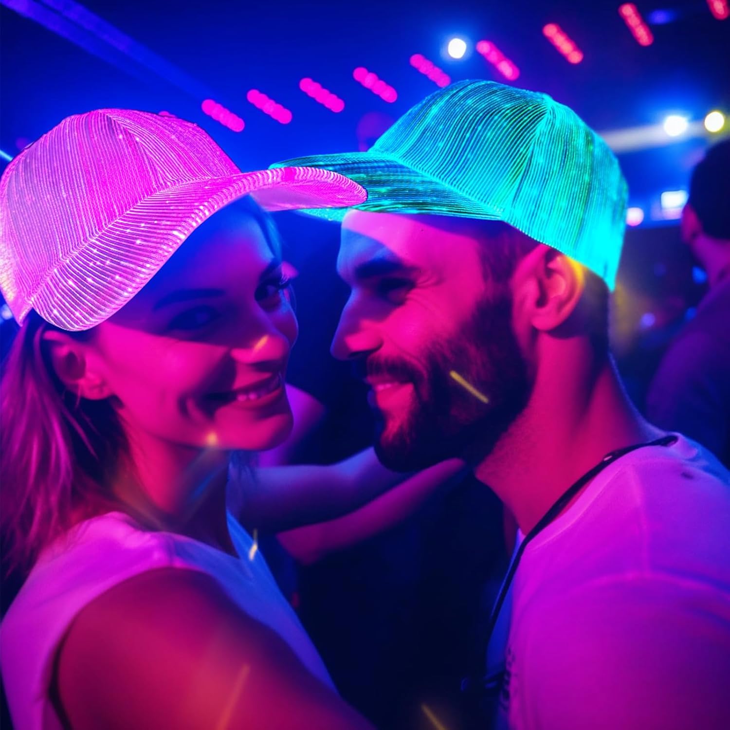 Cool Baseballkappe mit RGB Licht | LED-Hut mit 7 Farben & 5 Blinkende Modi | Verstellbar, USB Wiederaufladbare, Lichtmütze für Damen und Herren, Rave-Zubehör für Party, Geschenke Cap für Männer Frauen