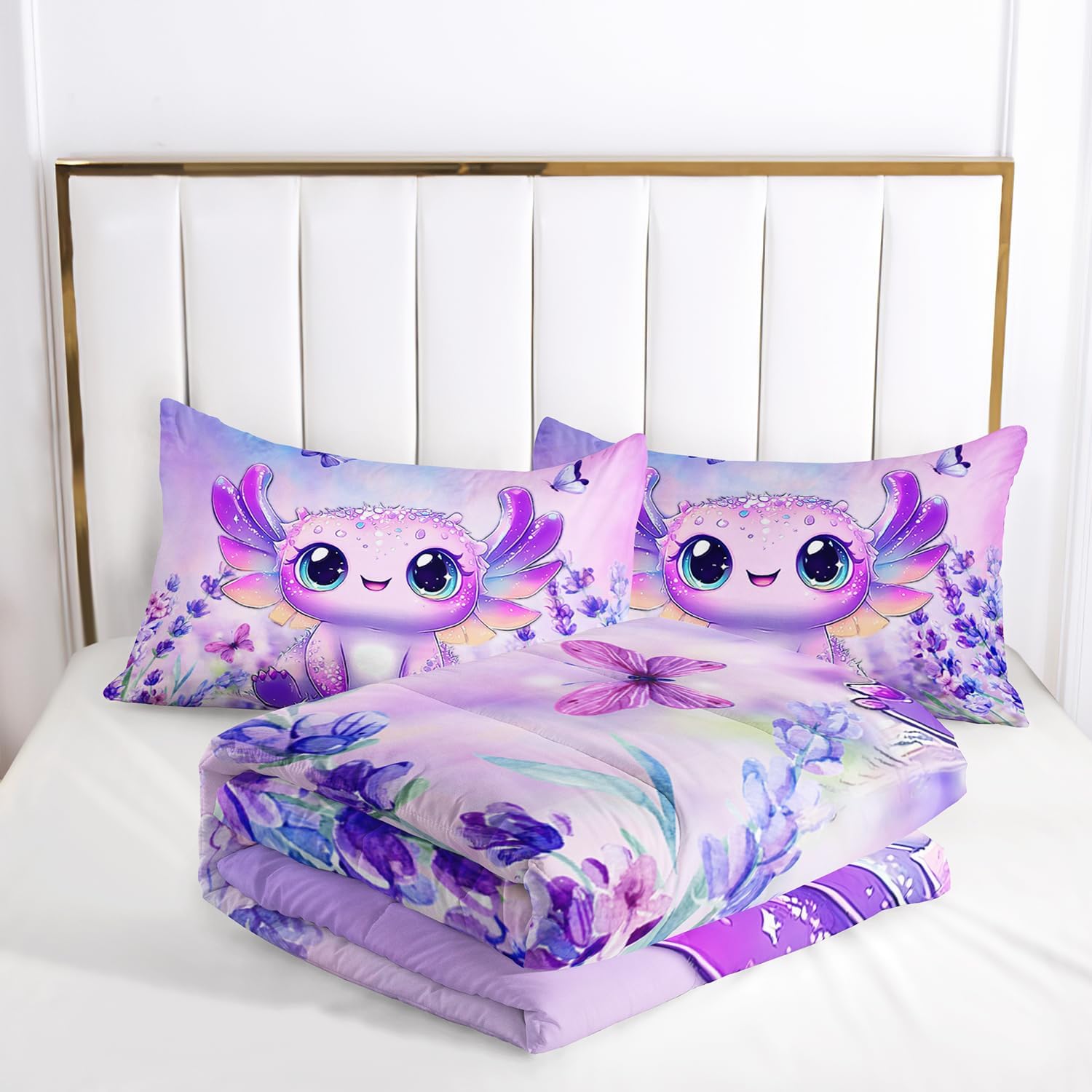 AILONEN Cartoon Axolotl Comforter Set Queen,Purple Axolotl Duvet Set,Beautiful Lavender Butterfly Axolotl Comforter Set for Kids,Kawaii Ocean Animal Axolotl Quilt with 2 Pillowcases,3Pcs