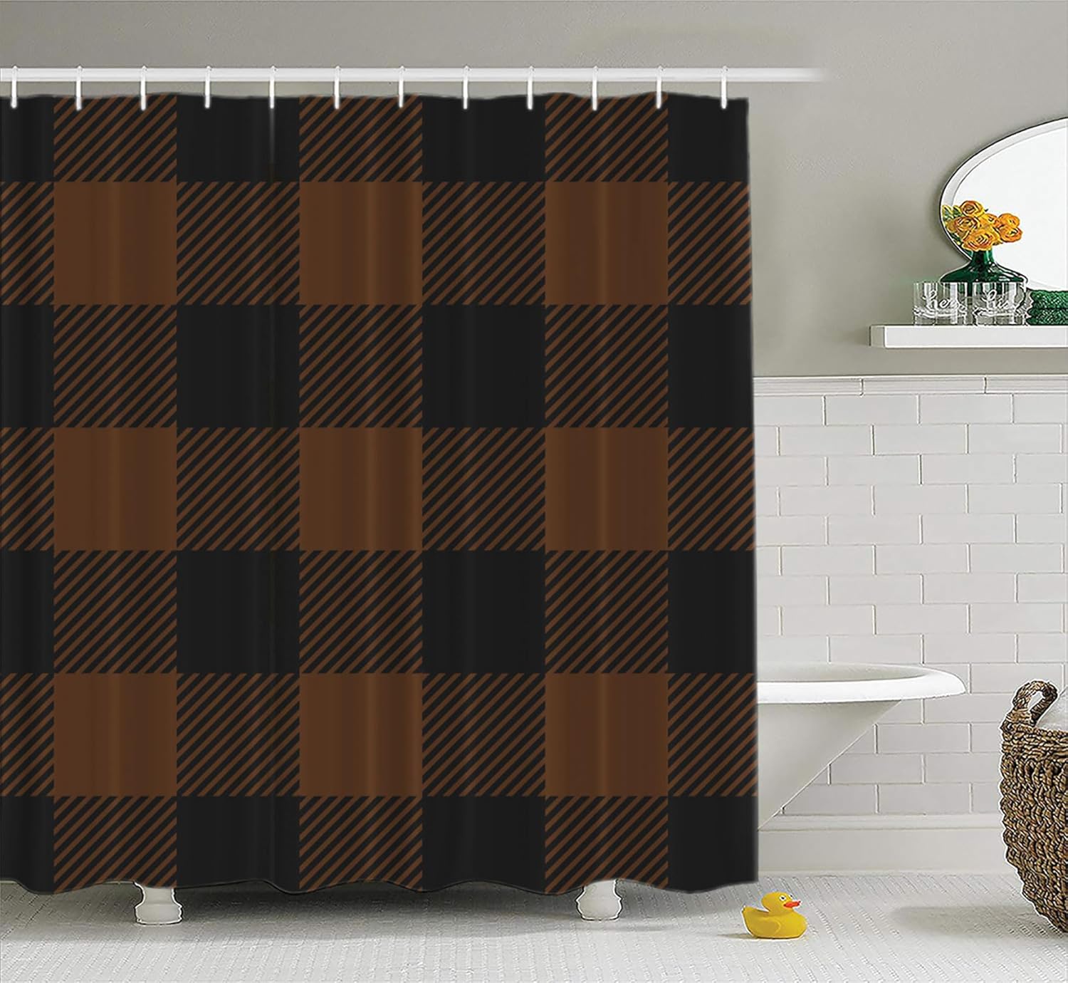 CAPSCEOLL Plaid Shower Curtain,Brown and Black Buffalo Classic Style Brown and Black Buffalo Modern Machine Washable Waterproof Fabric for Bathroom Decor Bathtub with Hooks 72X72