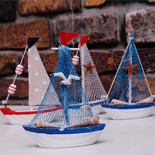 Miniatura 4 de Juego de 4 piezas de decoración náutica de barco de madera, decoración de playa, adornos de velero miniatura hechos a mano, modelos de mini veleros